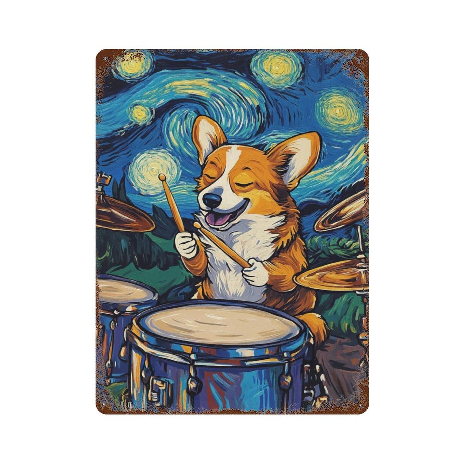 Corgi Drummer Starry Night Rust Effect Tin Sign 15.7"x11.8", Rustic Home Decor for Garage, Bar And Workshop Decor