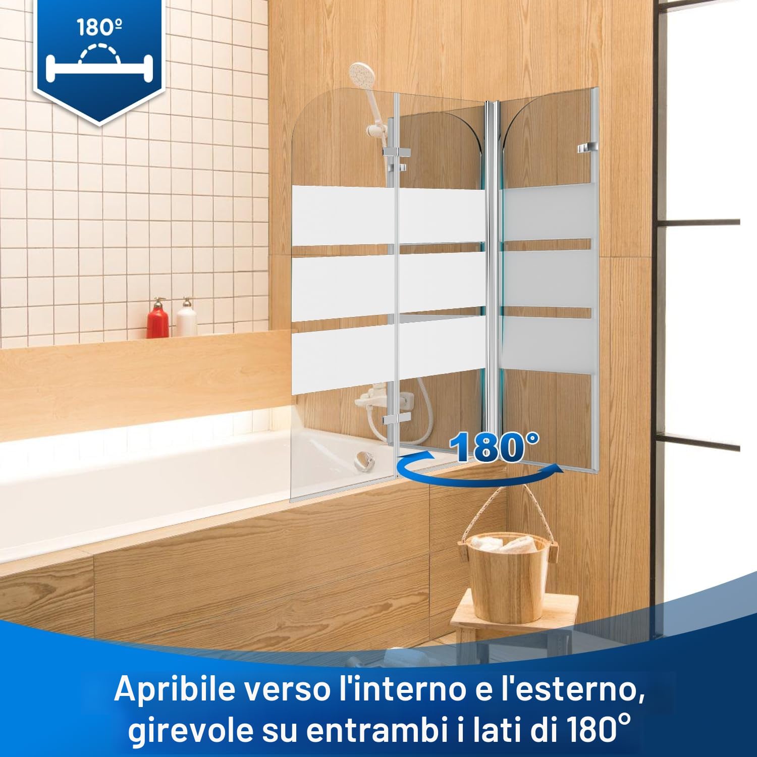 Daromigo - Pannello doccia per vasca da bagno, 100 x 140 cm, 2 pezzi, pieghevole, con vetro di sicurezza ESG da 6 mm, a strisce bianche, parete in vetro per vasca da bagno con supporto