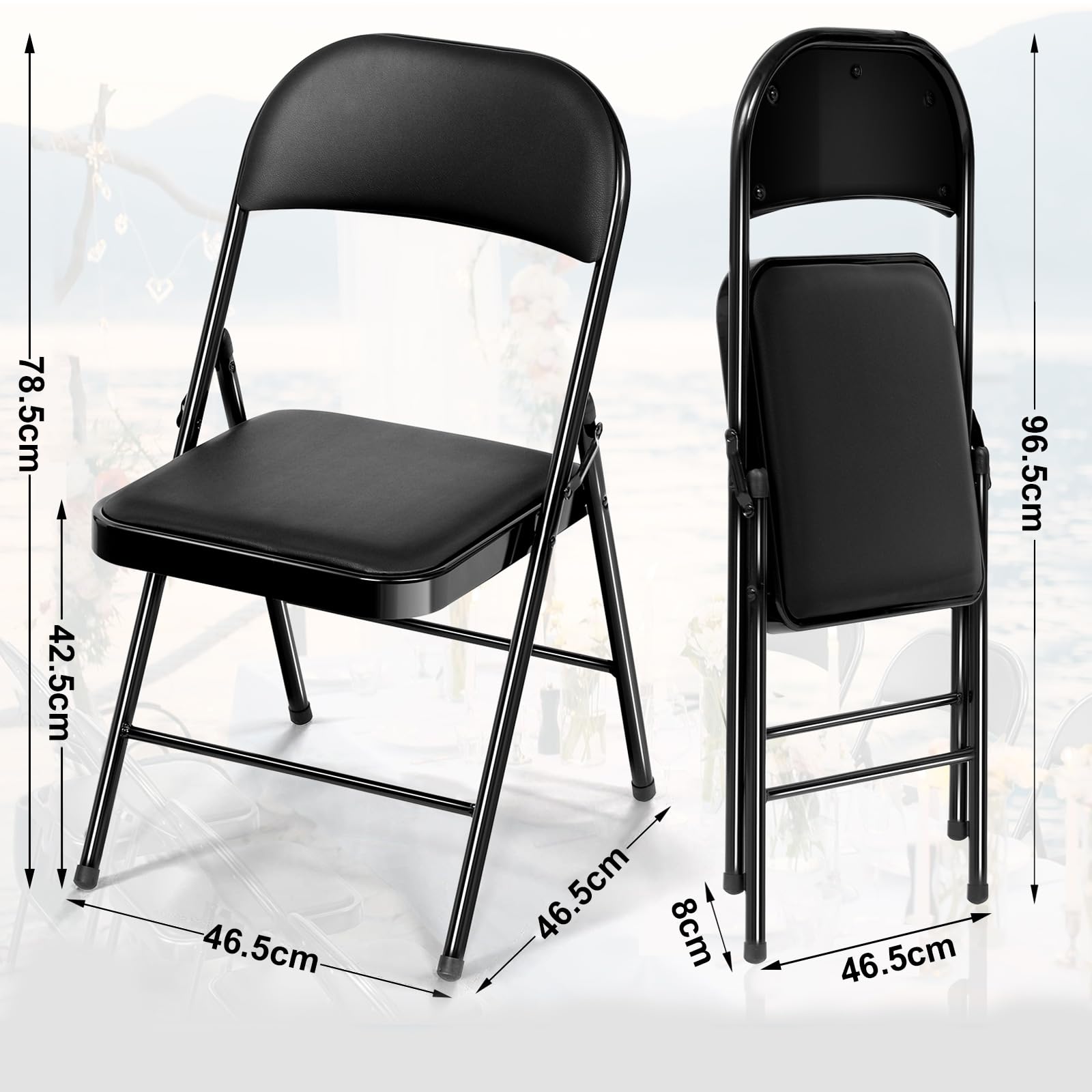 Set da 6 sedie pieghevoli da giardino, sedia pieghevole da interno in metallo, impermeabili sedie da esterno pieghevoli fino a 158 kg, sedia per sala da pranzo, cucina, campeggio, nero