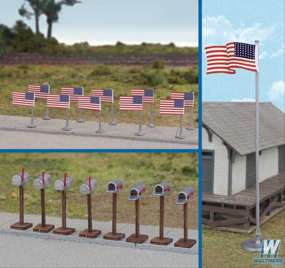 Walthers SceneMasterHO Scale Scenery Set 48-Star American/US Flags/Mailboxes