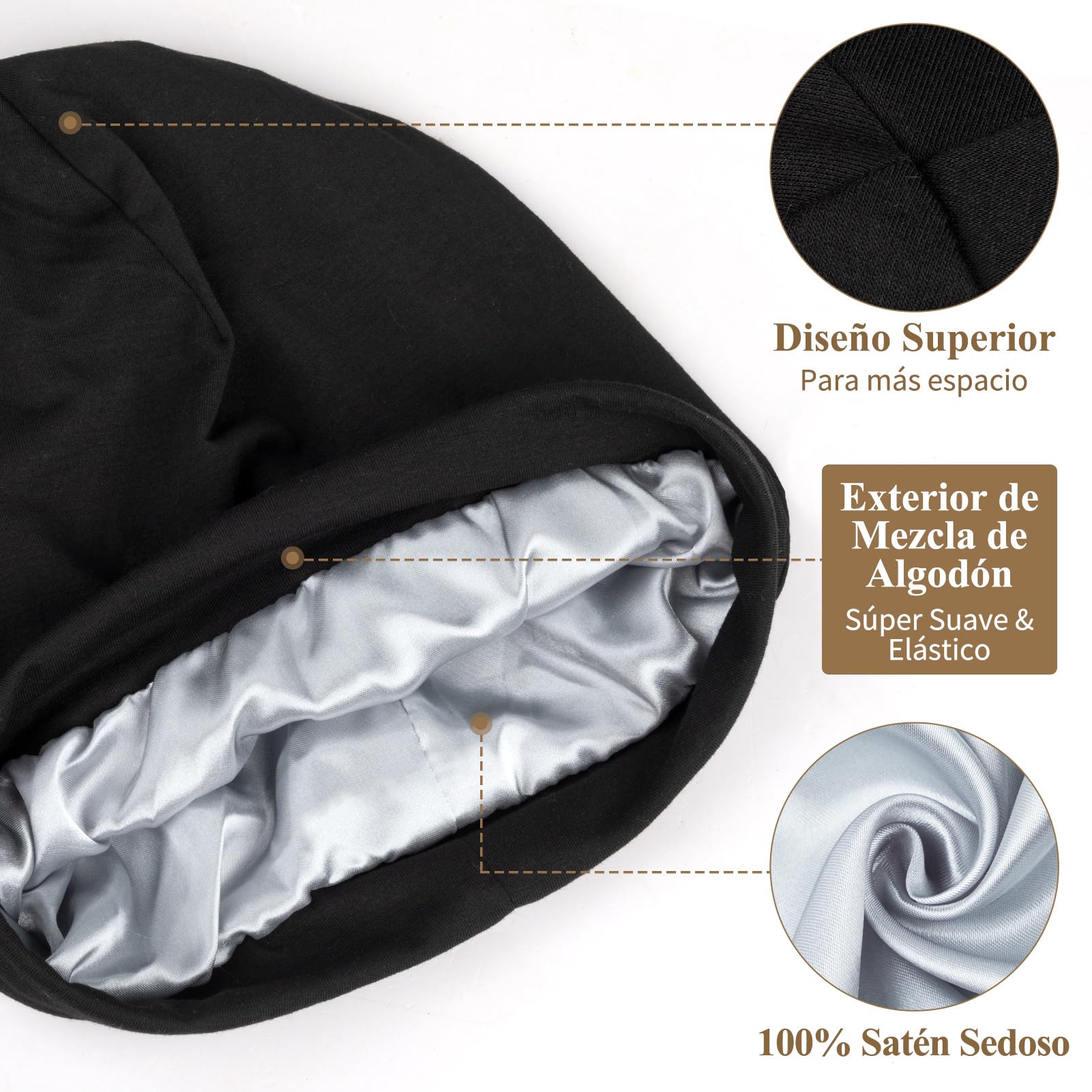 Kiiwah Gorro Satén para Dormir con Forro de Satén, Ajustable Gorro Pelo Rizado Dormir Unisex Gorro Slouch Beanie para Dormir Gorro Satin Suave Bonnet Seda para Mujeres y Hombres