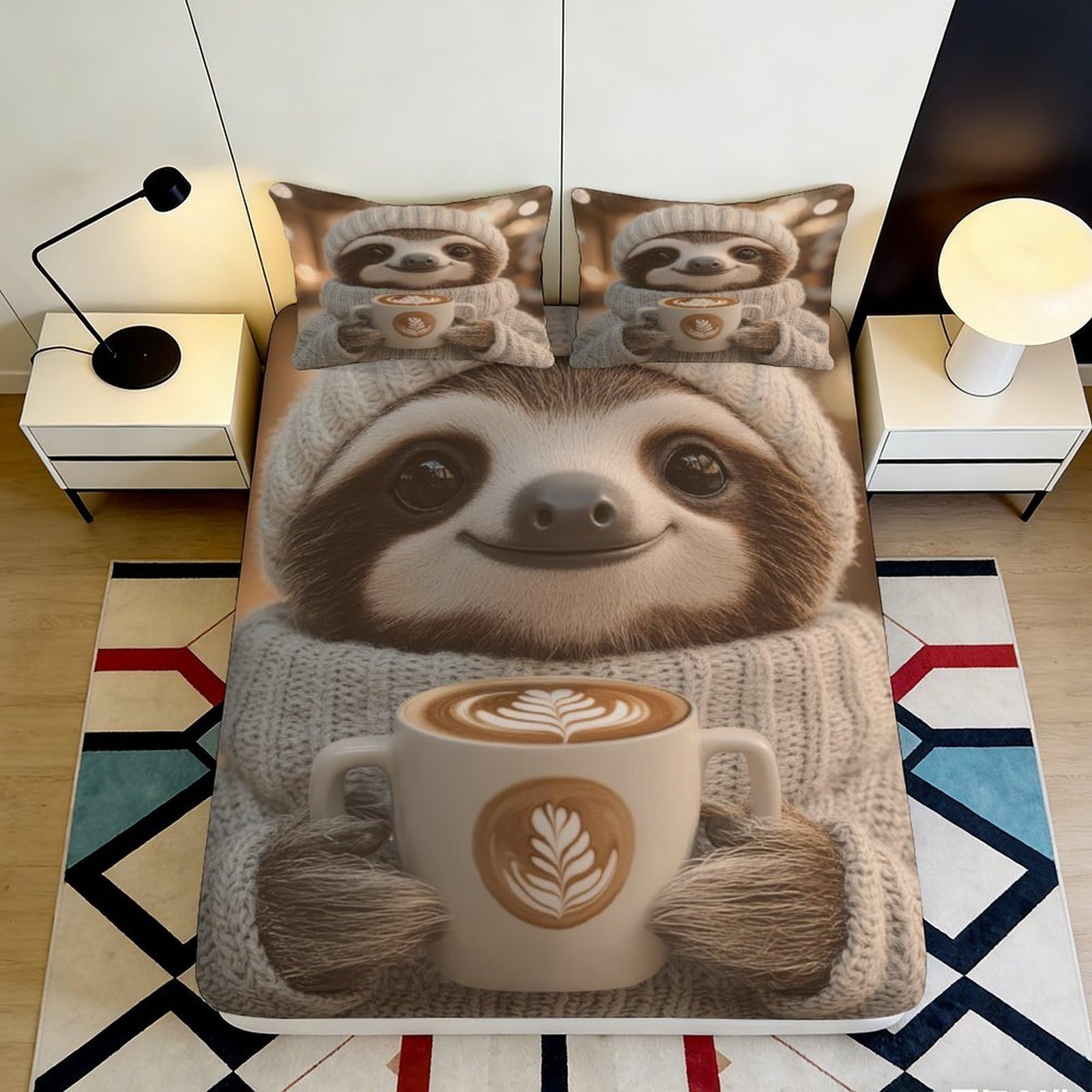 3D Printed Cute Sloth Fitted Sheet Microfiber Soft Durable 3D Printed Sloth Mattress Cover for Bedroom Dormitory Guest Room Bed Protection 140x200x25cm