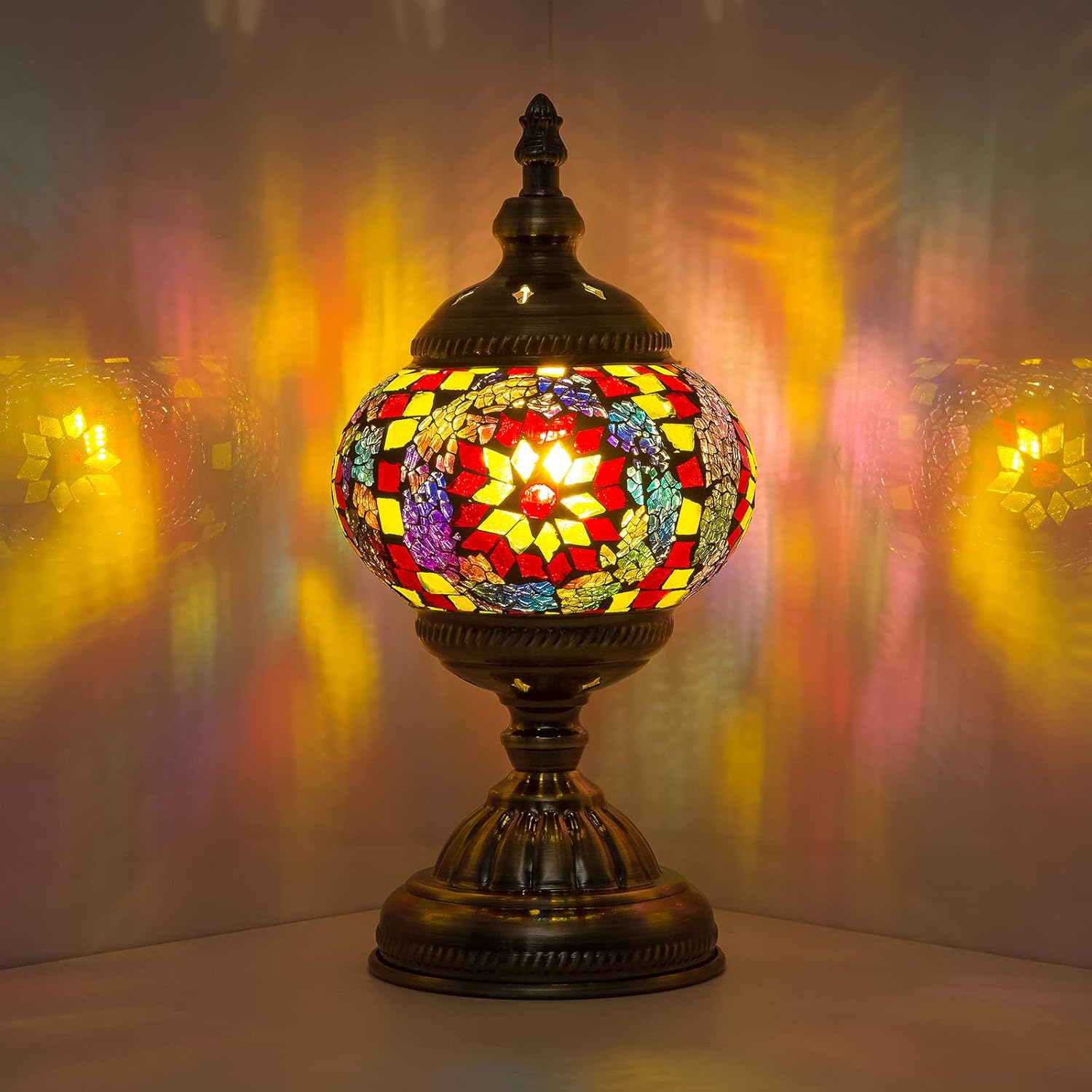 Turkish Moroccan Mosaic Table Lamp Handmade Desk Bedside Lamp Tiffany Night Light for Living Room Bedroom (Red)