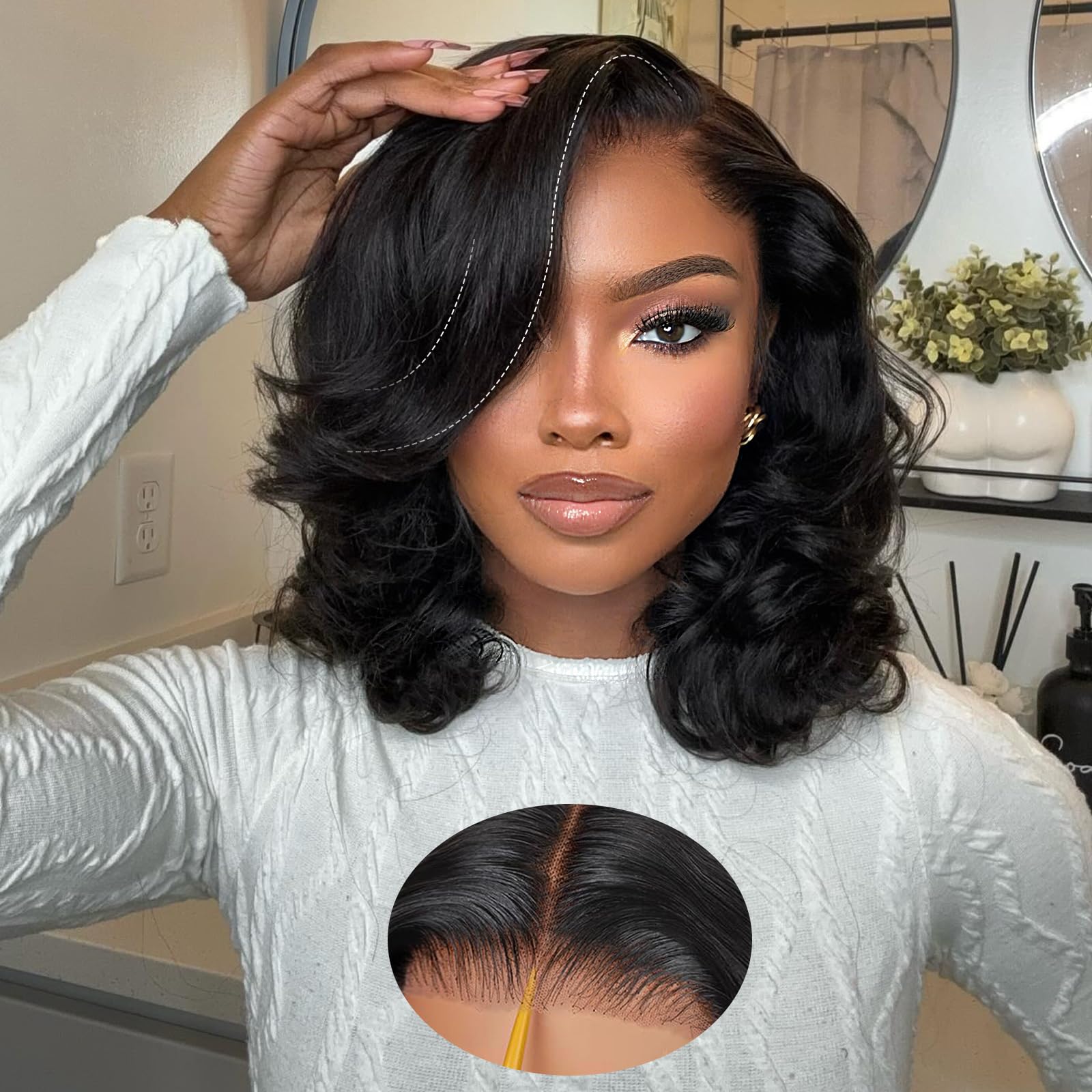 Layered Cut Face-Framing 6x6 Glueless Loose Body Wave Bob Wigs Human Hair 200 Density HD Lace Closure Wig Wear and Go Glueless Human Hair for Black Women 12 Inch