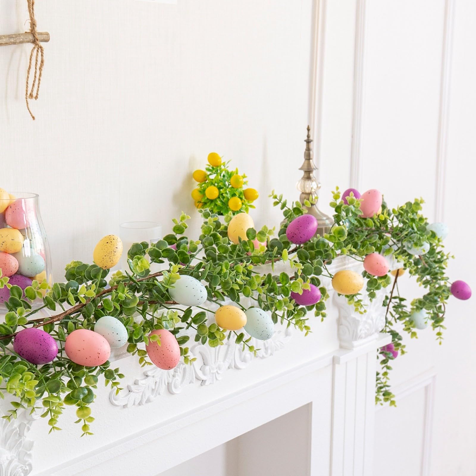 Guirnalda de hojas de Pascua con huevos coloridos para colgar en la pared para fiesta en casa, celebración de Pascua, 061848
