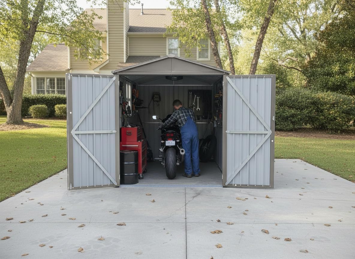 Outdoor Metal Storage Shed with Window,10x6.64 FT Motorcycle Storage Shed, Waterproof Heavy Duty Outdoor Storage for Garden Tools Sports Equipment,No Tracks & Fixtures,Grey