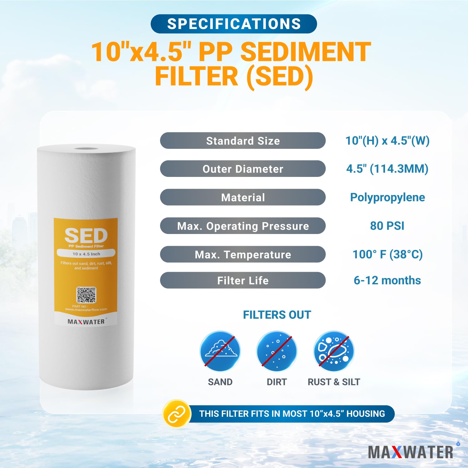 Max Water Filtro de agua de sedimentos para toda la casa de 5 micrones, 10 x 4.5 pulgadas, cartuchos de repuesto para filtro de agua de pozo de polipropileno fundido para DGD-5005, AP810, SDC-45-1001,