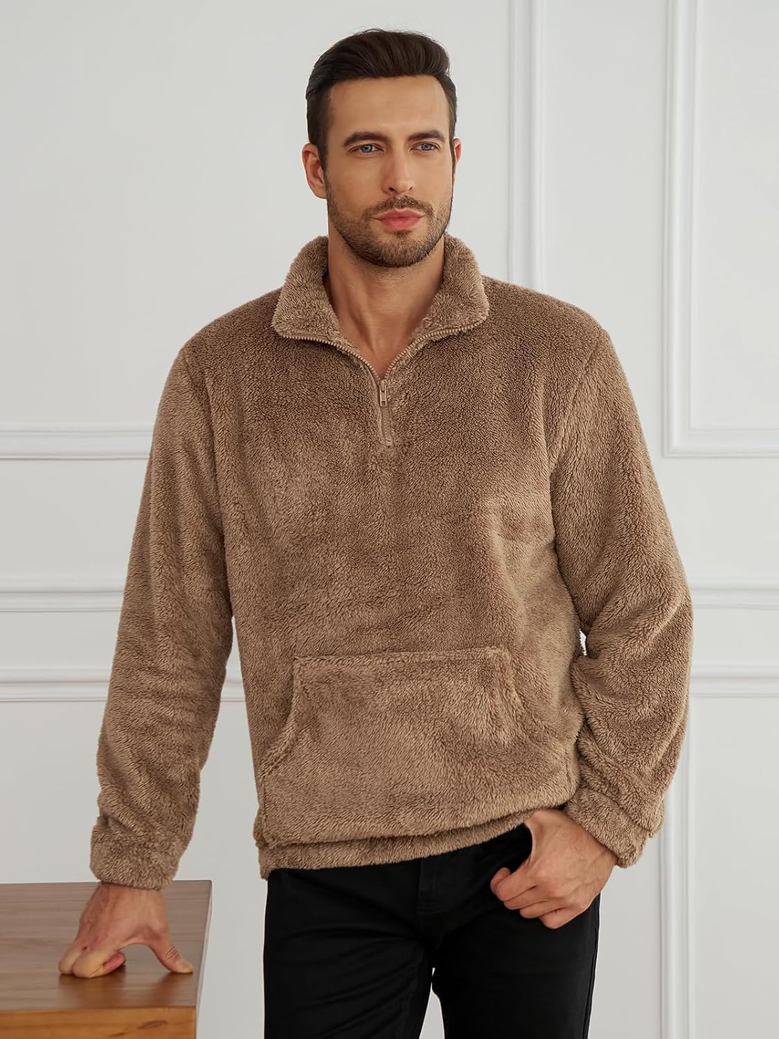 Runcati Mens Fuzzy Sherpa Sweatshirt Quarter Zip Fleece Pullover Winter Fall Warm Outerwear With Kangaroo Pocket - Image 3