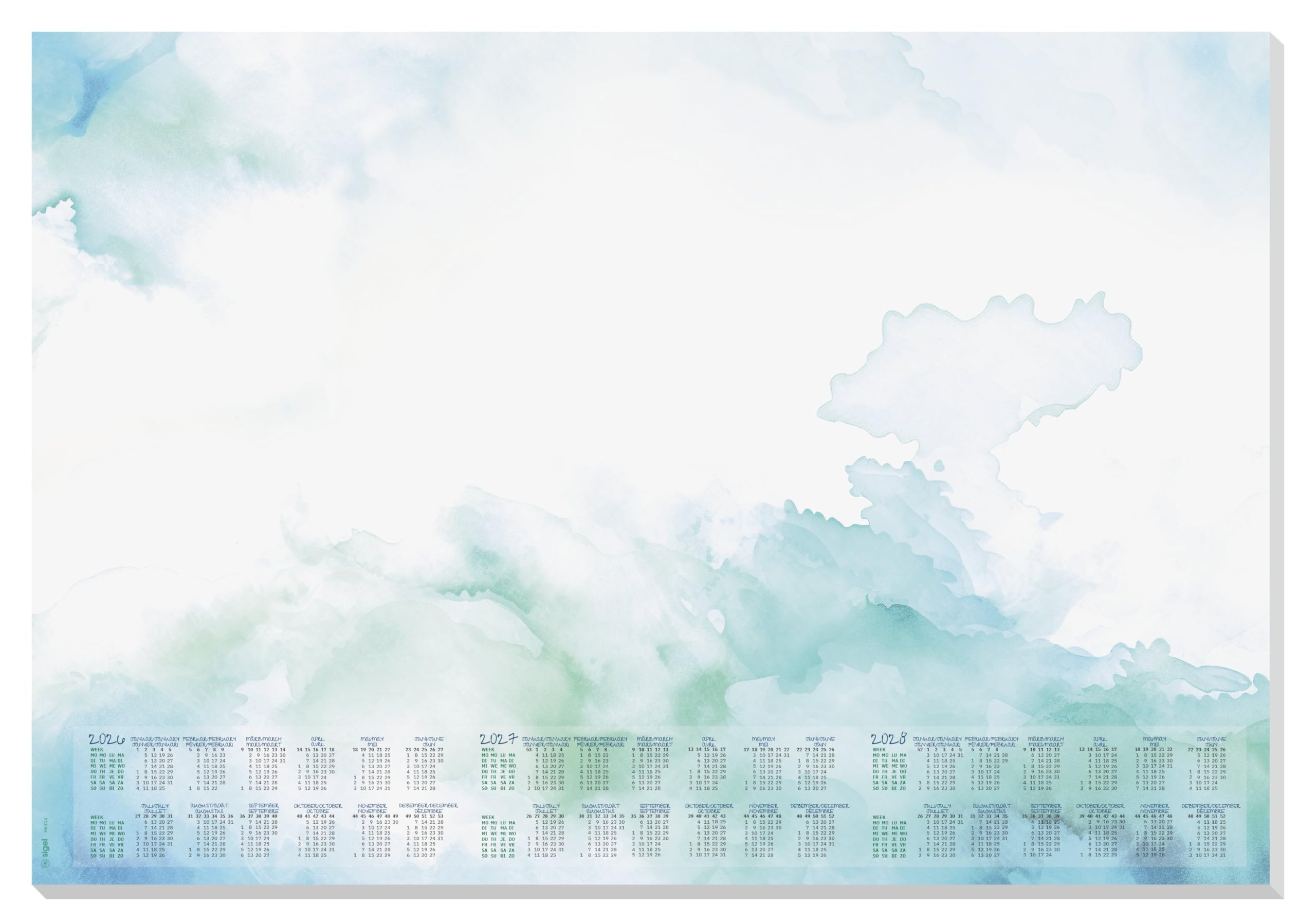 SIGEL H6314 Paper Desk pad- Watercolour - Green/Blue - Approx. A2-2026/2027/2028 - DE/EN/FR/NL - 30 Sheets - FSC-Certified