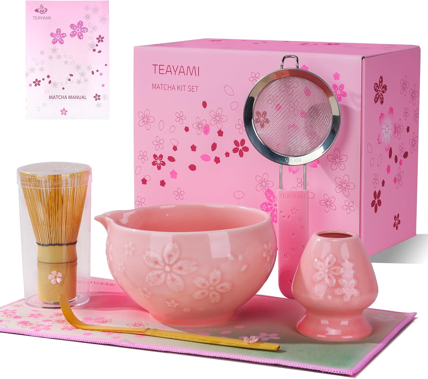 Matcha Whisk Set, 6pcs Matcha Kit Includes Matcha Bowl with Spout, Bamboo Whisk & Scoop with Cute Charm, Chasen Holder, Innovative Sifter, Tea Mat for Latte Making, Pink