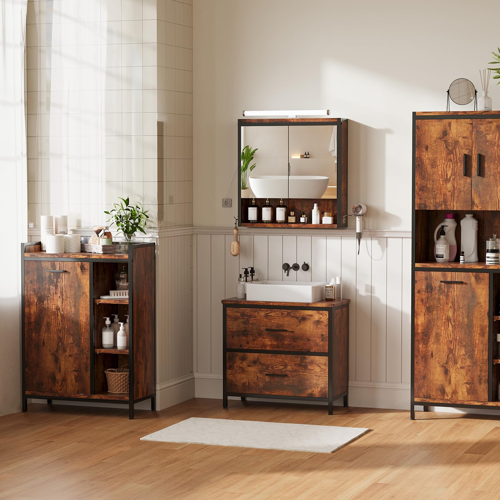 ELUCHANG Waschbeckenunterschrank,Badezimmerschrank mit 2 großen Schubladen &mit Füßen,Unterschrank 60x30x60cm,Badschrank,Feuchtigkeitsbeständig,Ideal für Kompakte Badezimmer & Gäste-WC,Schwarz+Vintage