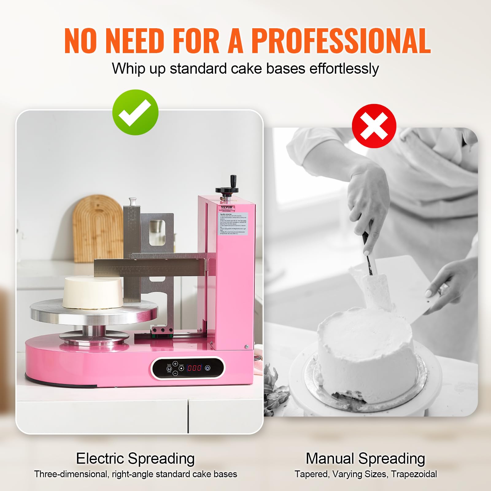 VEVOR Machine à Glacer les Gâteaux 6-14 pouces, Machine à Lisser Crème à Faible Bruit, Plateau Tournant avec Grattoir Réglable, Vitesse de Rotation de 25 à 320 tr/min, Lisseur pour Pâtisserie, Rose