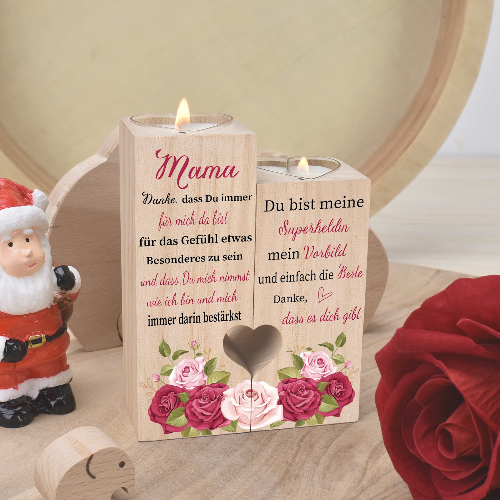 Holz-Kerzenhalter Geschenk Für Mama – Herzförmig, Graviert, Mit Teelichtern