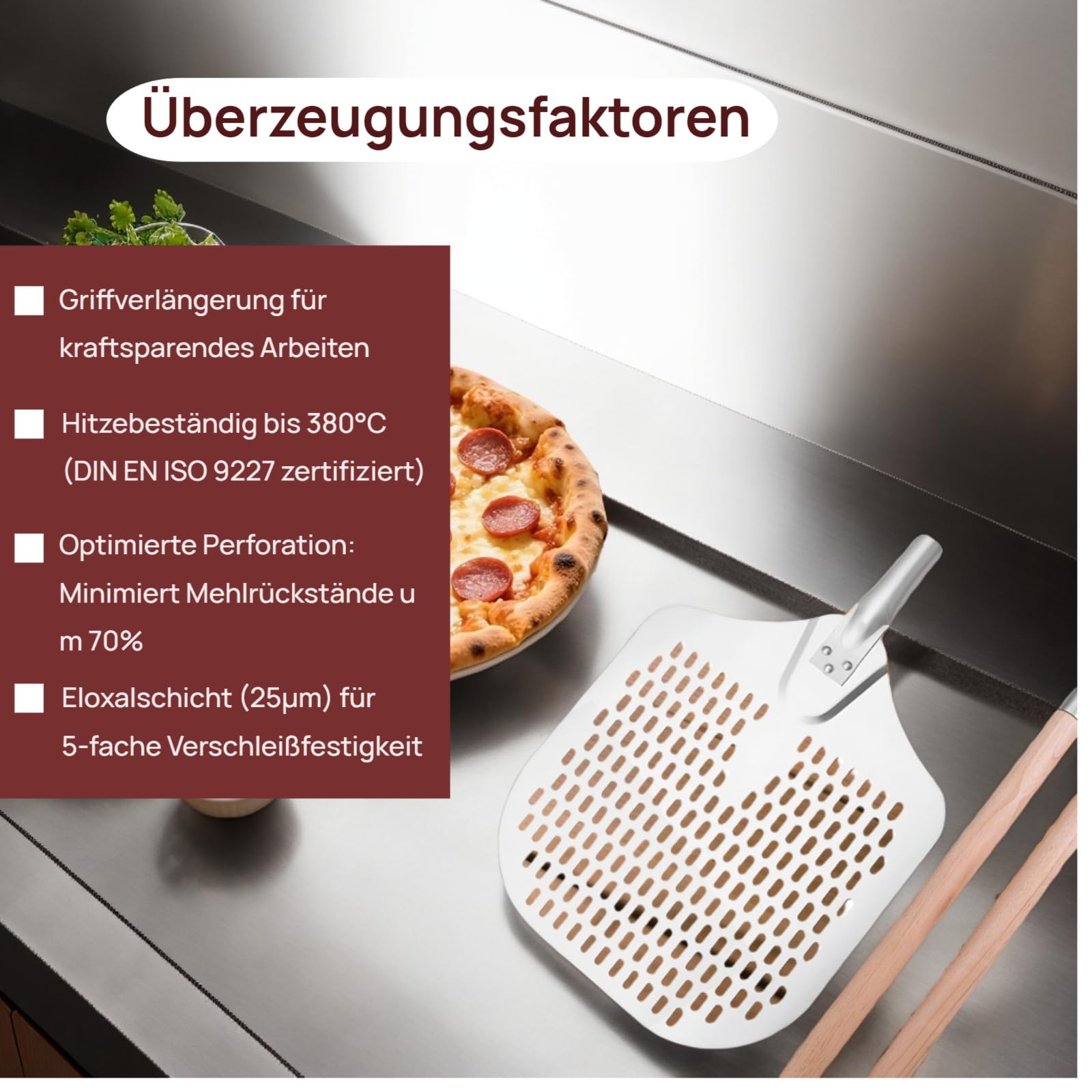 Pizzaschieber，Hochwertig Perforierter Pizzawender， 35x30cm Aluminium Pizzaschaufel mit 88cm Super lang Abnehmbarem Eichengriff für Pizzastein, Backofen & Gasgrill