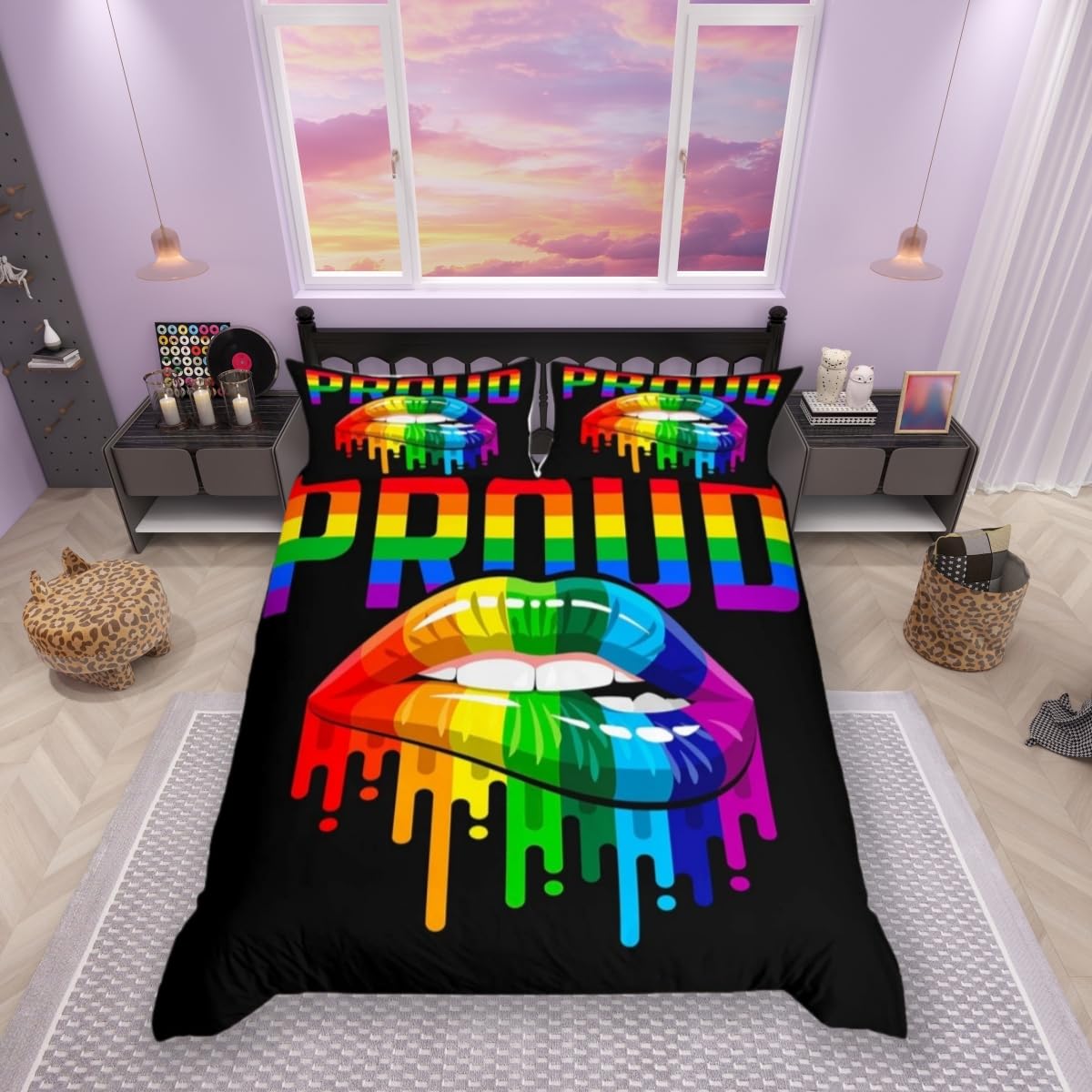 feelingyou Pride Theme Bedding Set,Rainbow Lips Comforter Cover Set for Teens Women Room Decor,Colorful Stripes Duvet Cover Breathable Watercolor Tie-dye Bedspread Cover Double Size