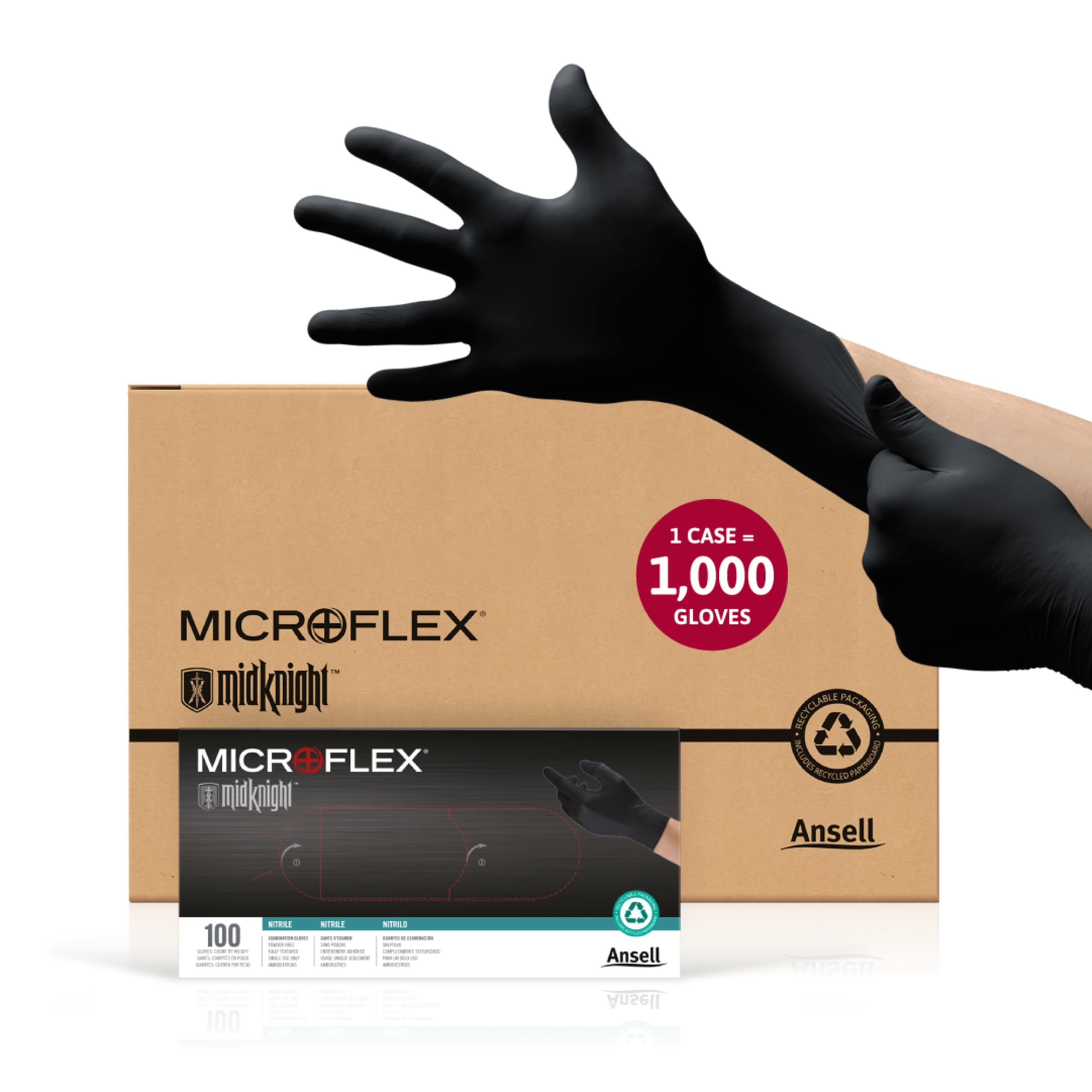 Ansell MICROFLEX MidKnight MK-296 Disposable Nitrile Gloves for Automotive w/Full Texture - Large, Black (Case of 1000)