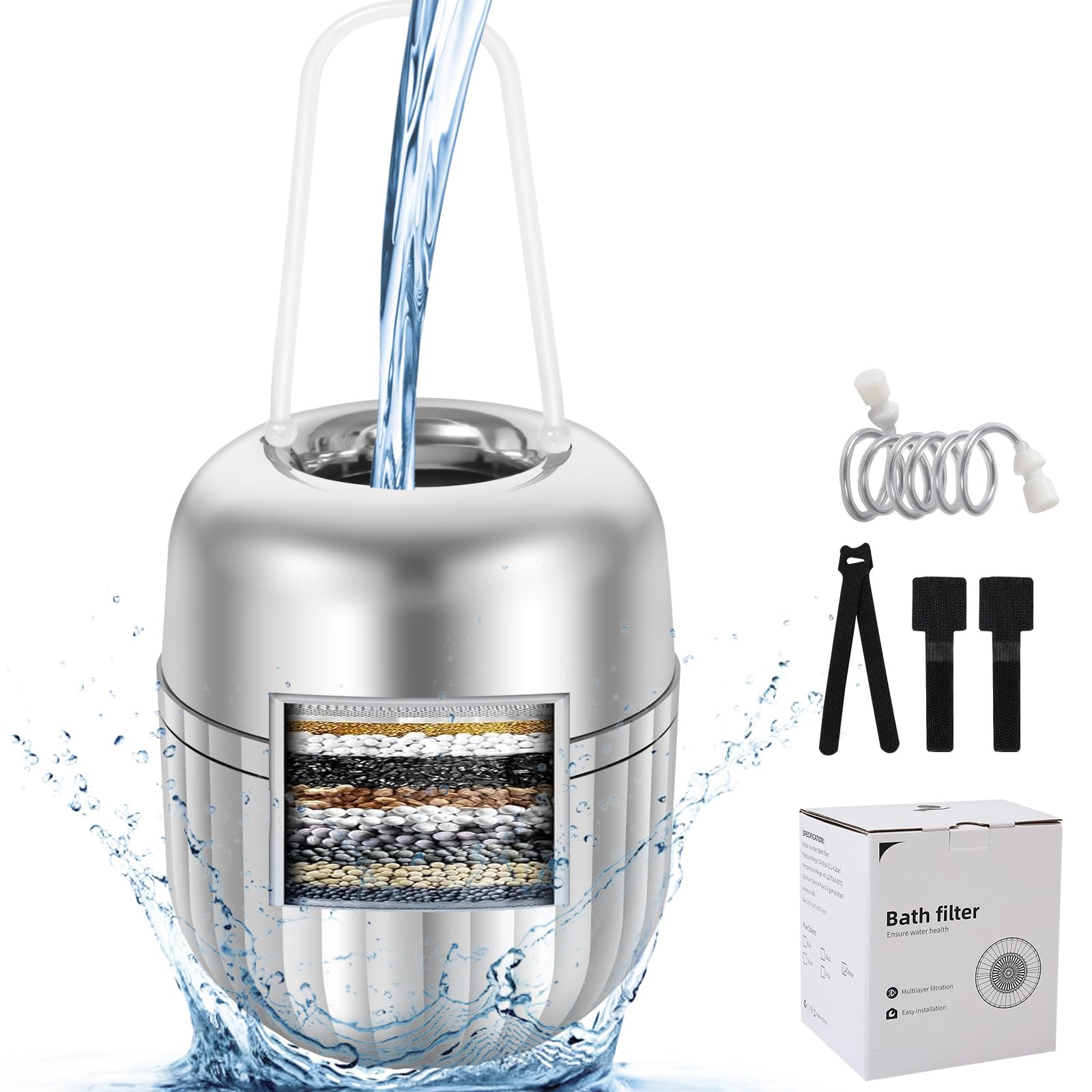 Bath Filter Ball 8 Stages Filtration Remove Water Pollutants, Fast Water Passing Bathtub Shower Water Softener for Hearlthier Skin and Hair BPA Free (Silver)