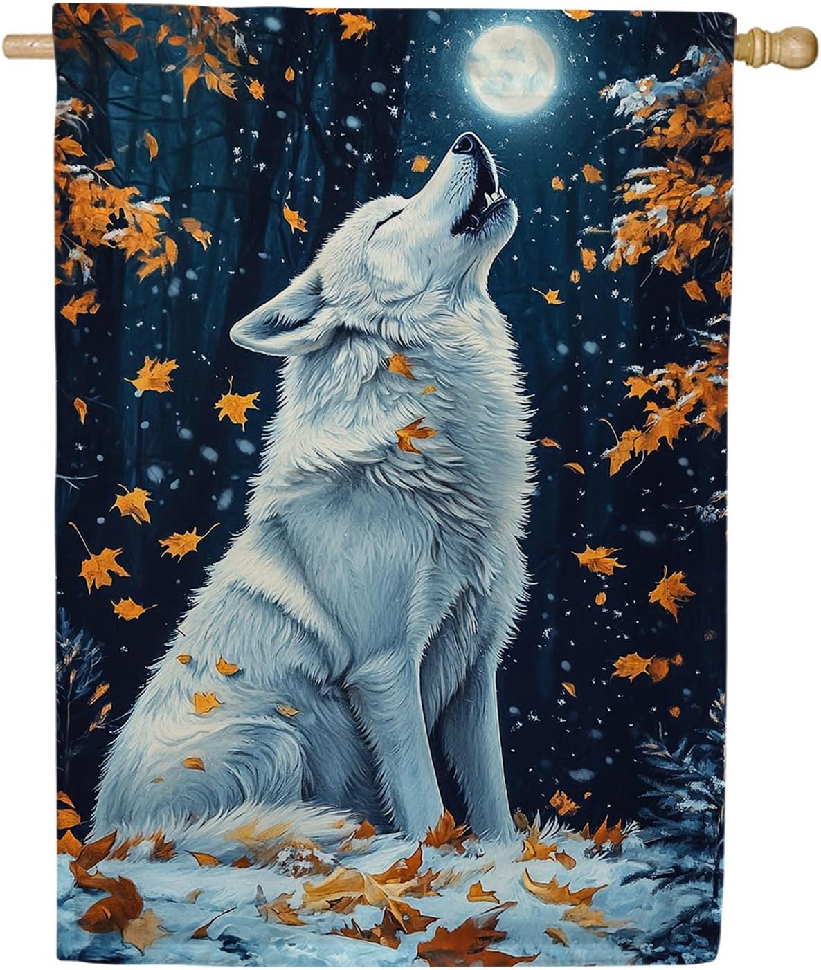 America Forever Howling Wolf Autumn Moon House Flag, 28 x 40 inch Double Sided, Wolf Full Moon Fall Leaves Night Sky, Wildlife Nature Outdoor Decor, Wilderness Flag