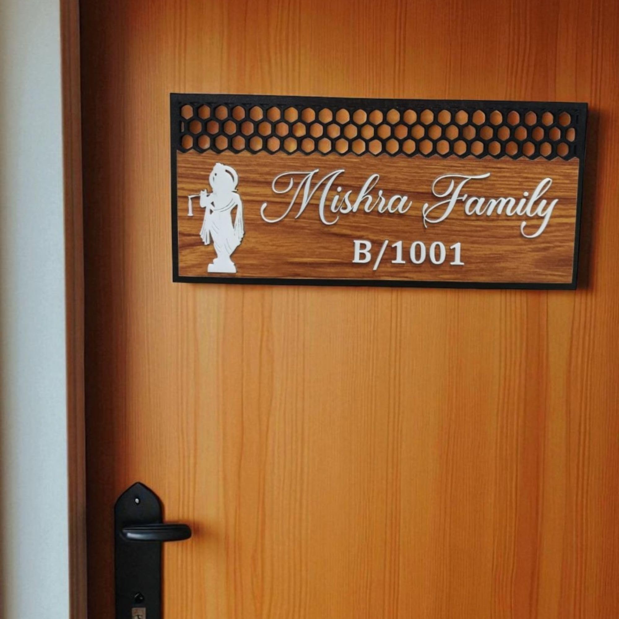 Shayona Personalized Wooden Name Plate for Home | Custom Laser Engraved Door Name Board with Family Name & Flat Number | Modern Wall Mount Nameplate with Lord Krishna Design 3