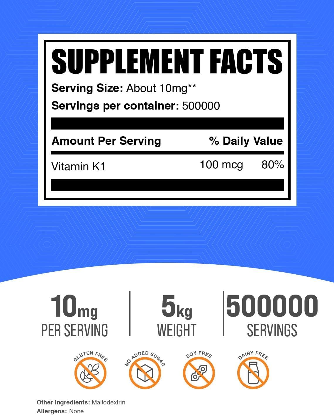 BulkSupplements.com Vitamin K1 Powder - Vitamin K1 Supplement for Bone and Heart Health Support - Gluten Free, 10mg per Serving, 1kg (2.2 lbs) (Pack of 1)