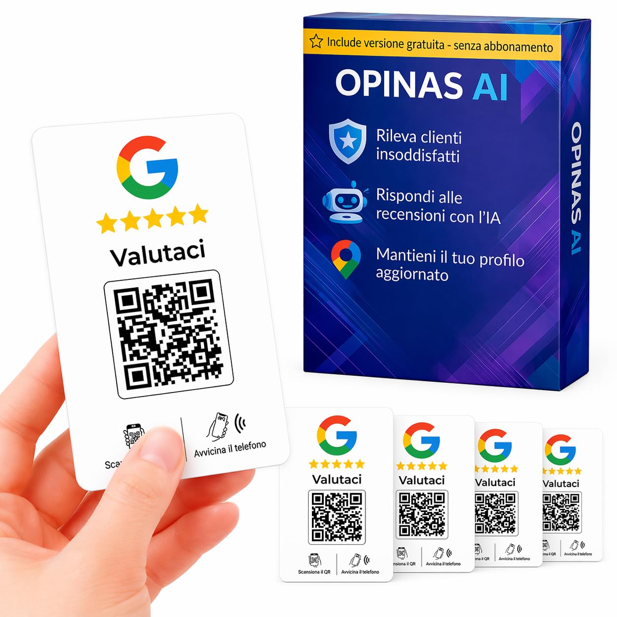Pack 5 Carte NFC & QR per Recensioni Google – App risposte recensioni IA inclusa (5 carte NFC)