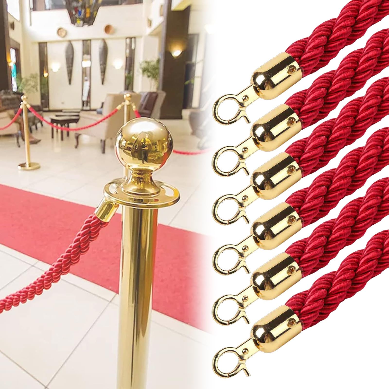 GLDYTVF Twisted Hemp Crowd Control Rope with Hooks - Durable Queue Divider Stanchion Ropes for Event Management, Hanging Barriers, and Line Control