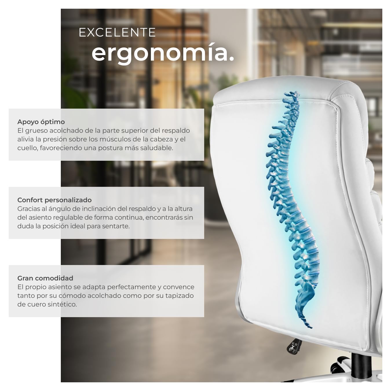 tectake®, Silla Oficina Ergonómica, Sillón Escritorio Ajustable, Silla Giratoria con Base de Ruedas, Altura Regulable, Acolchado Extra Grueso, Ergonómico, Basculante, 360° Rotación - Blanco