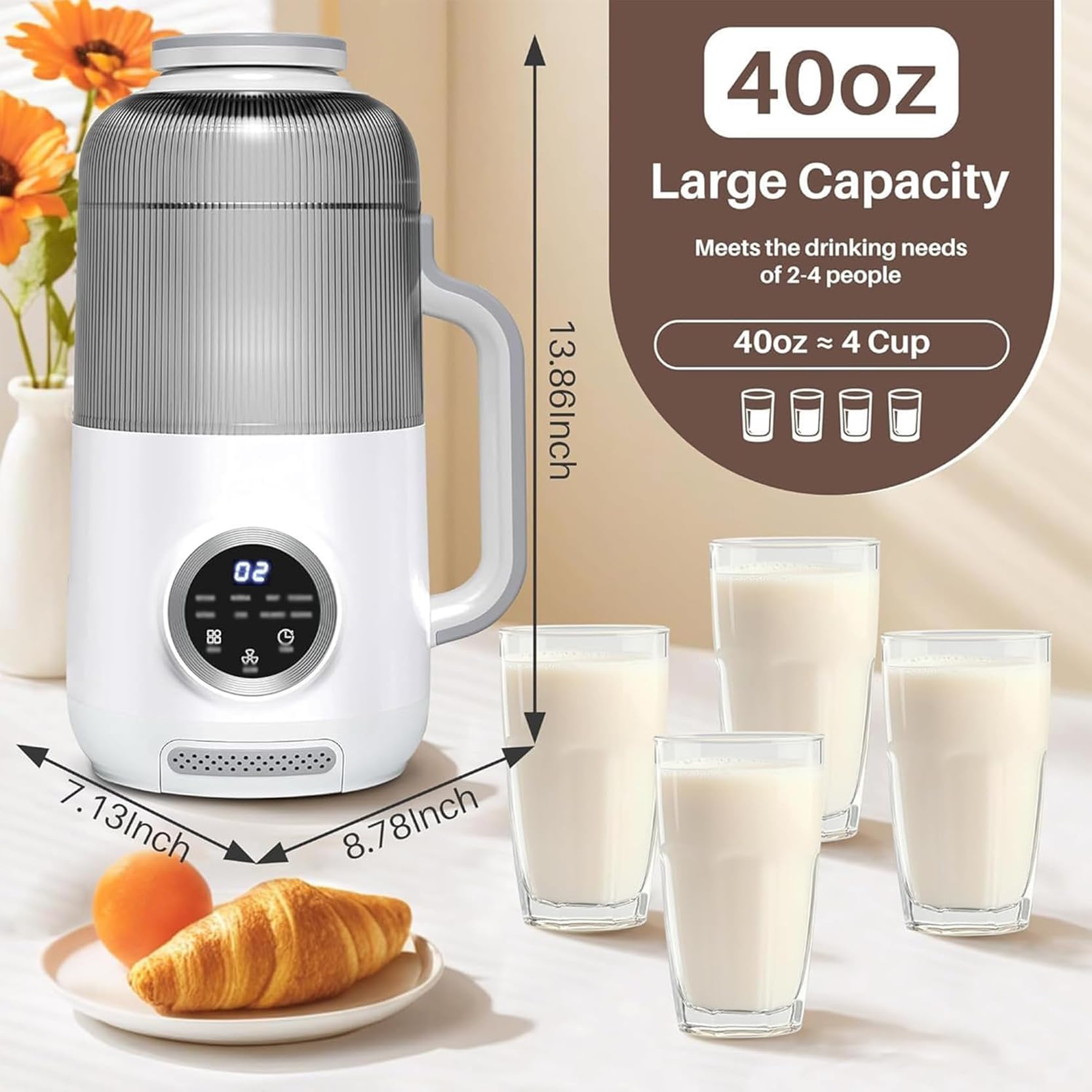 Macchina per latte di soia in vetro, 1200 ml, con 10 lame, timer intelligente per 12 ore, 10 funzioni e pulizia one-touch, per 1-6 persone