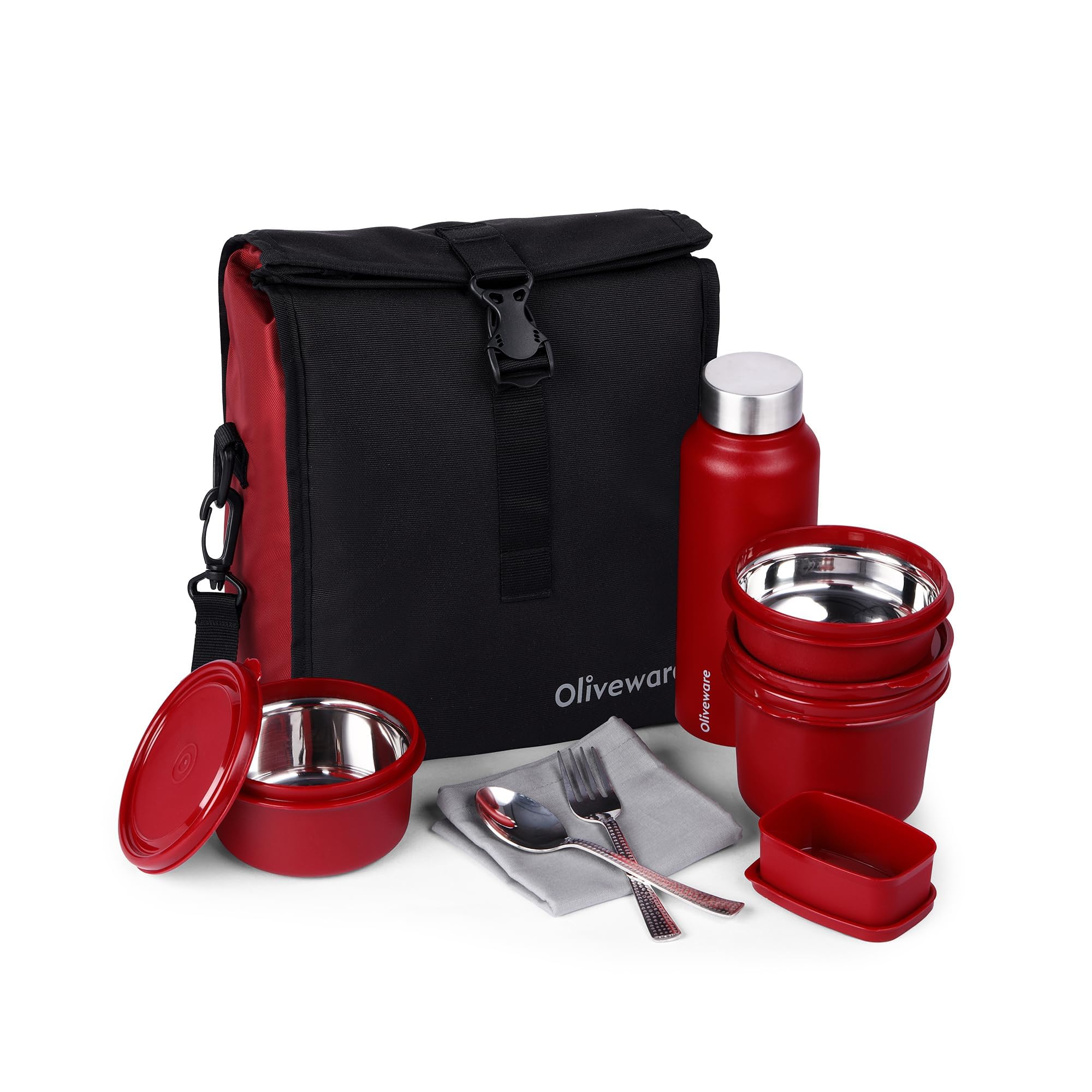 SOPL-OLIVEWARE Teso Elite Pro Lunch Box with Steel Cutlery, BPA Free Lids,Microwave Safe,Inside Steel Containers(290ml, 450ml & 600ml),Plastic Pickle Box (130ml),Steel Water Bottle(750ml) -Mahroon