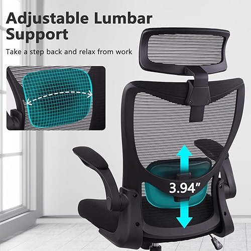 Miniatura 4 de CLATINA Silla de oficina ergonómica de malla con respaldo alto ajustable, apoyabrazos abatibles, silla giratoria ejecutiva giratoria cómoda para