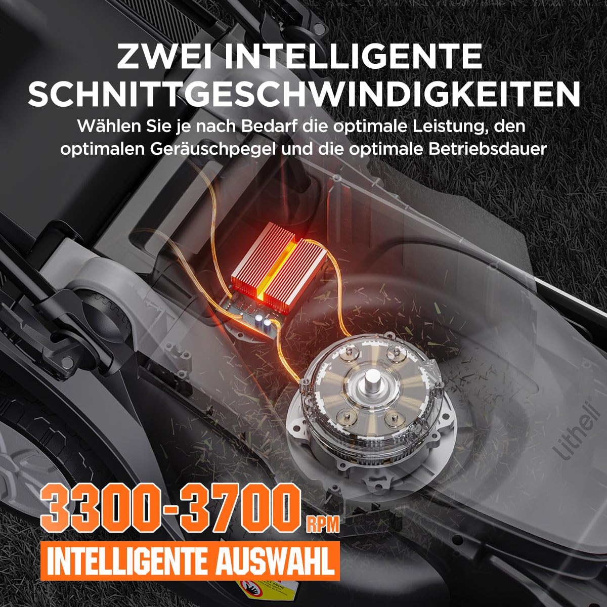Akumulatorowa kosiarka Litheli, kosiarka do trawy 500㎡ z bezszczotkowym silnikiem elektrycznym, szerokość cięcia 33 cm, pojemność 30 l, wysokość koszenia od 25 mm do 65 mm