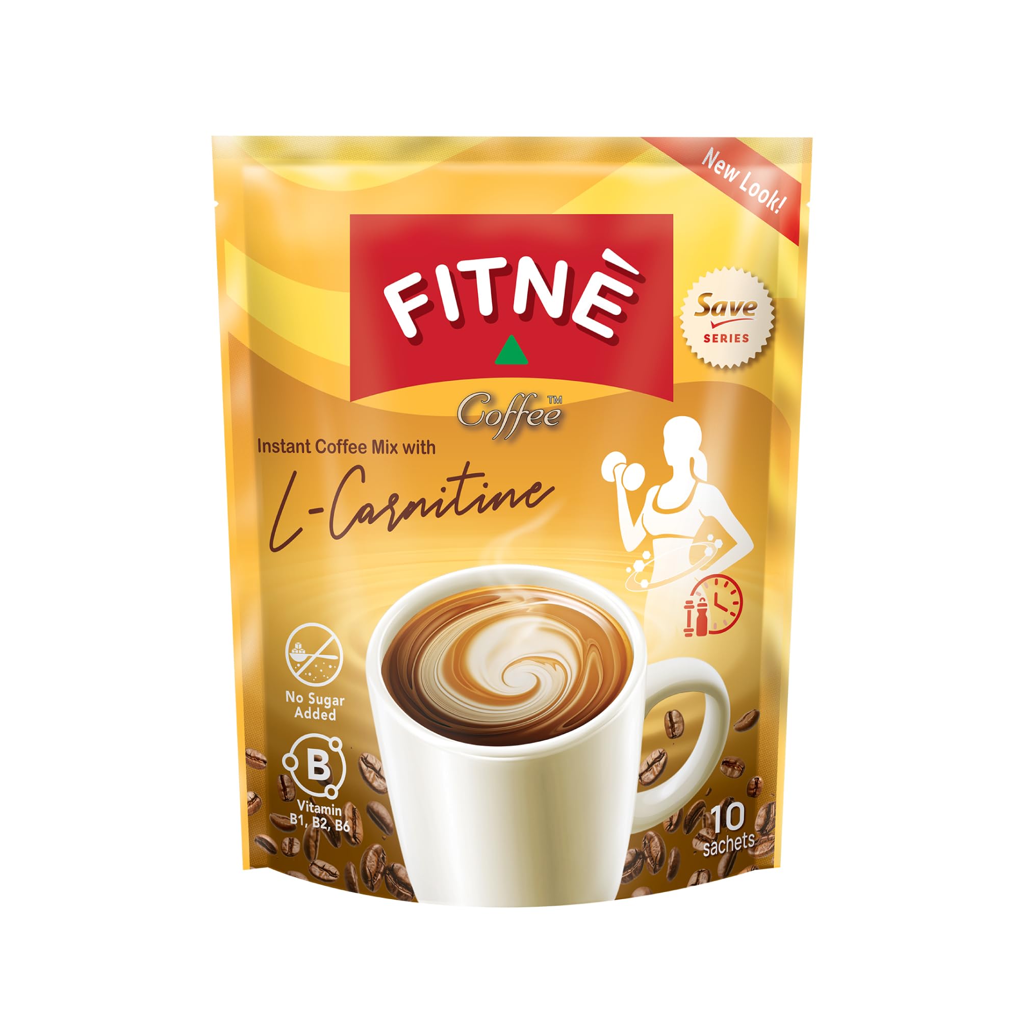 FITNE Instant 3 in 1 Coffee Packets Mix with L-Carnitine for Workout Exercise Vitamin B1 B2 B6 Smooth Blend No Sugar Sucralose Sweetener, 10 Sachets