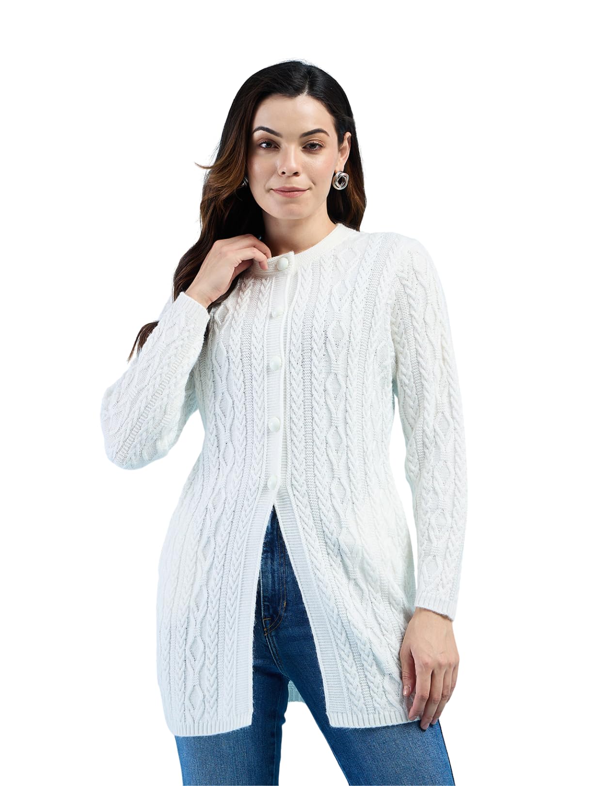 Clapton Cable Knit Design Woolen Longline Cardigan Sweater for Women and Girls Black