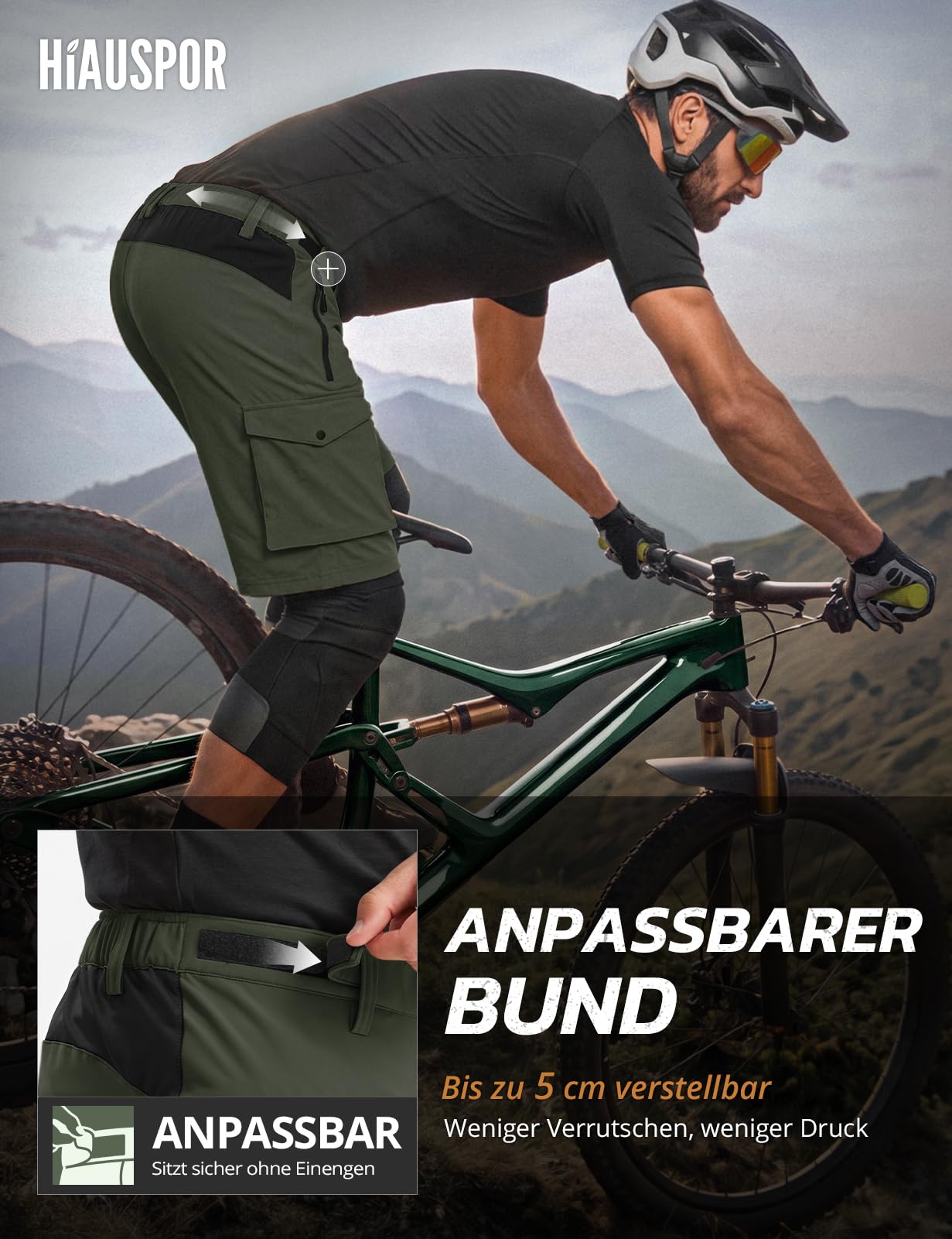 Hiauspor Pantalones Cortos de Ciclismo de montaña para Hombre, de Secado rápido, con Bolsillos con Cremallera MTB Trekking (Multi-Verde, L)