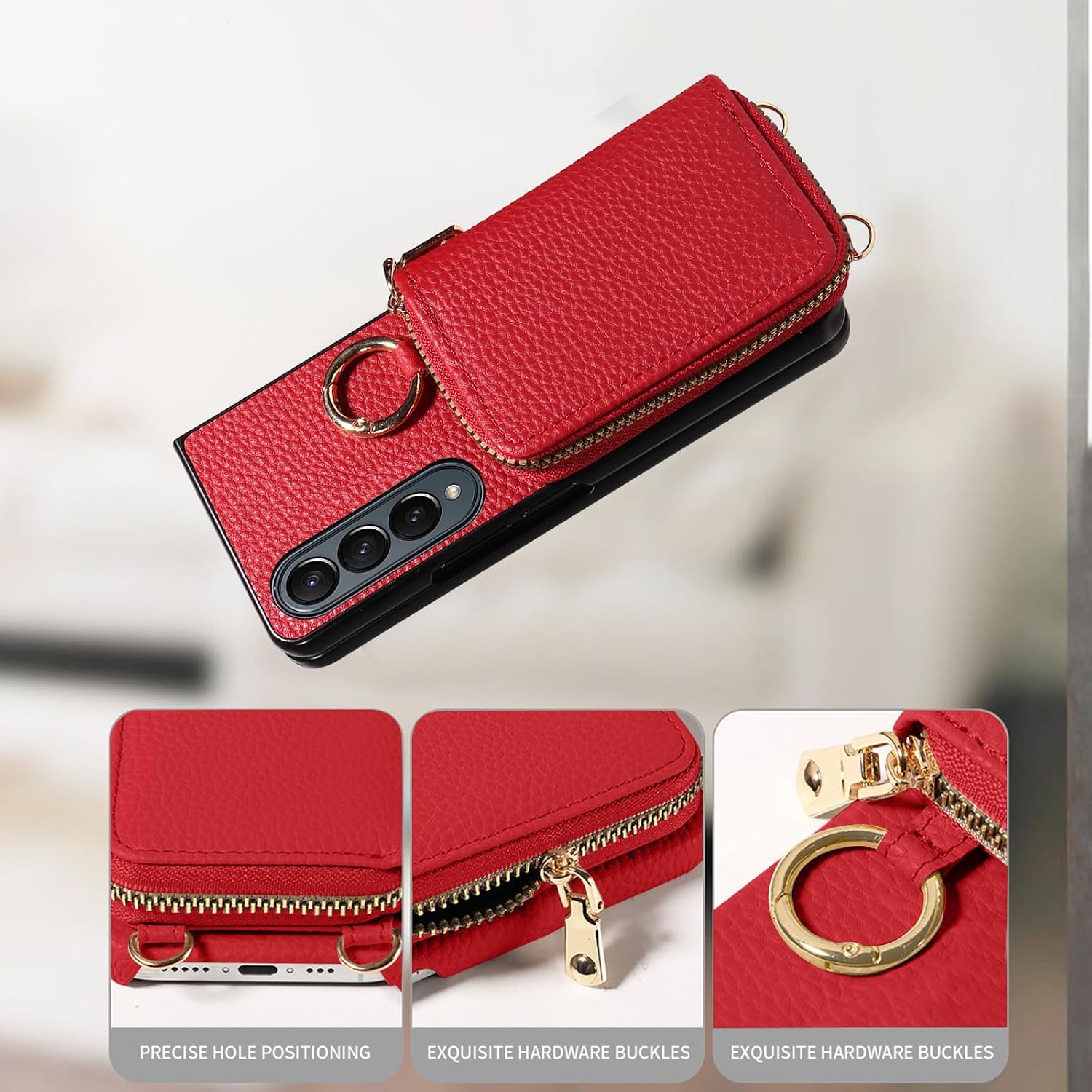 Wallet Case for Samsung Galaxy Z Fold 3 5G 2021 & Shoulder Strap Ring Buckle, Luxury PU Leather Zipper Flip Organ Purse, Card Holder Stand Cell Phone Cover for ZFold3 Z3 Fold3 3Z ZFold35G Red