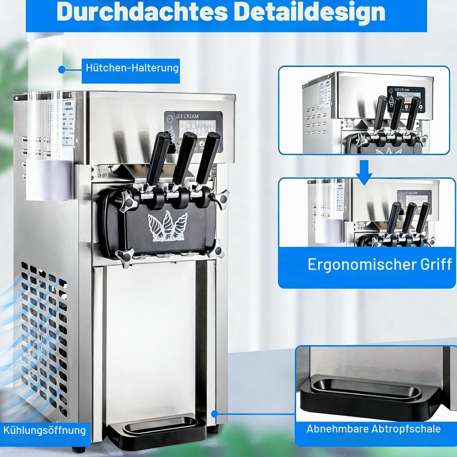 Kommerzielle Eismaschine, 20–28 L/h 2200 W, Kommerzielle Softeismaschine, Gewerbliche Eiscrememaschine mit 3 Aromen & 2 x 6L & LED-Panel, für Restaurant, Café (8218T)