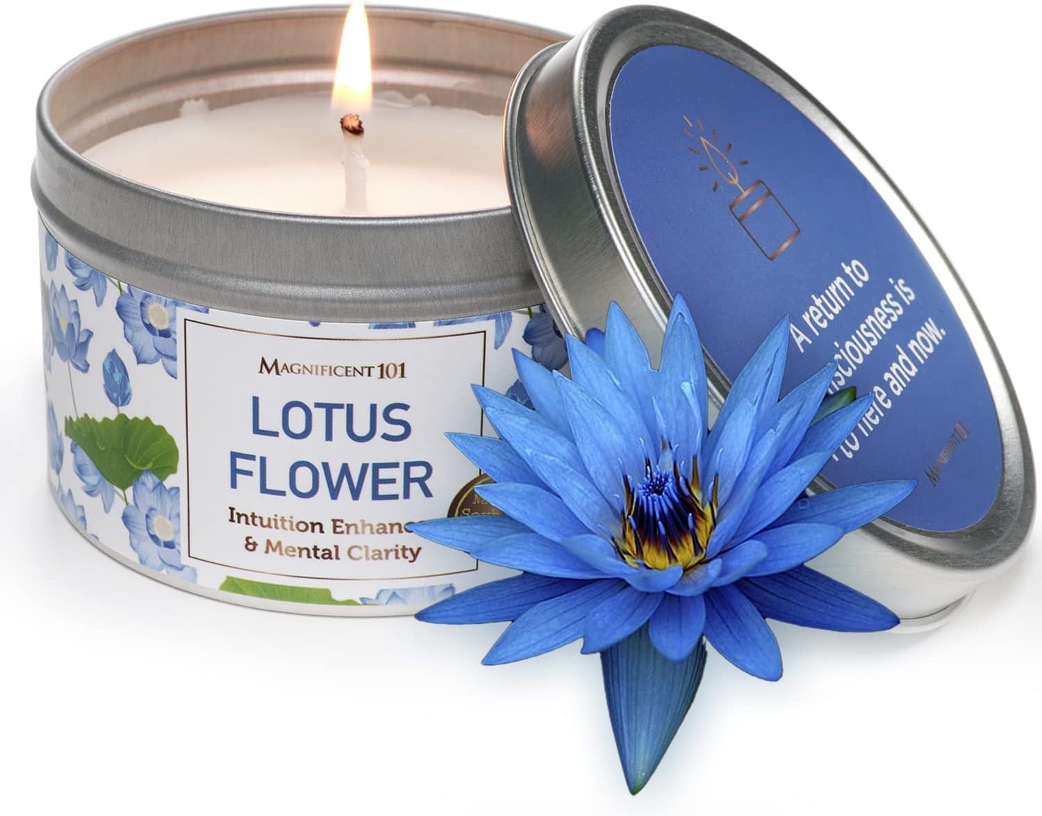 MAGNIFICENT 101 Lotus Flower Aromatherapy Candle for Intuition Enhancement and Mental Clarity, Banishes Negative Energy, Chakra Healing - Natural Soy Wax Tin Candle for Aromatherapy 6oz