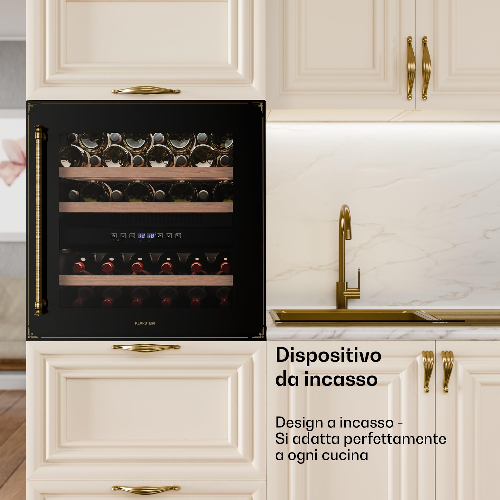 Klarstein Vinsider Victoria 36 - Cantinetta per Vini, 36 Bottiglie, Doppia Temperatura 5-22°C, Touch Control, LED, Silenziosa: 41 dB, Protezione UV, Da Incasso, Nero