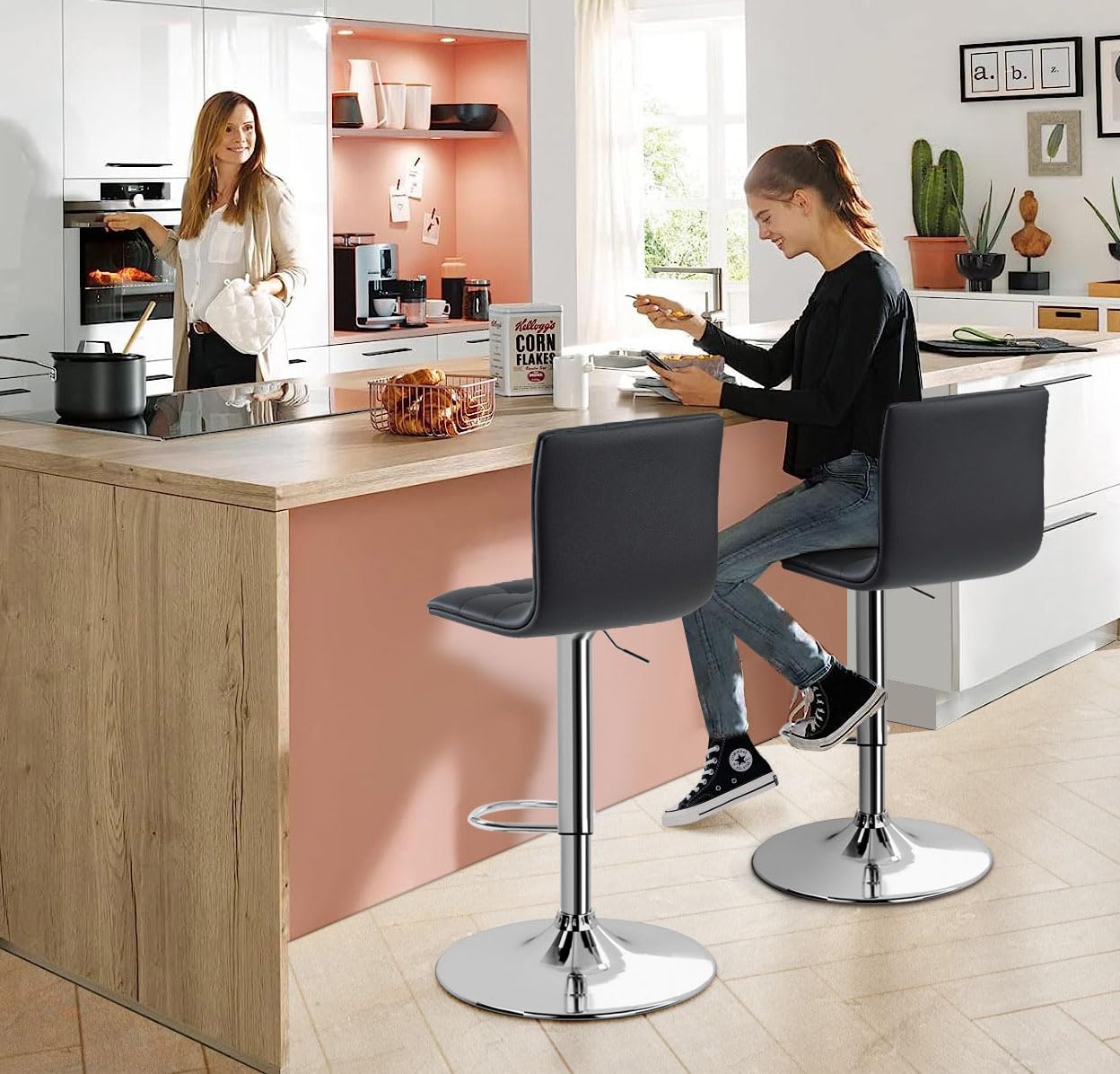 VATROS Bar Stools Set of 2, Swivel Adjustable Barstools with Back and Footrest, PU Leather Upholstered Counter Height Bar Stools for Home Kitchen Island-Black