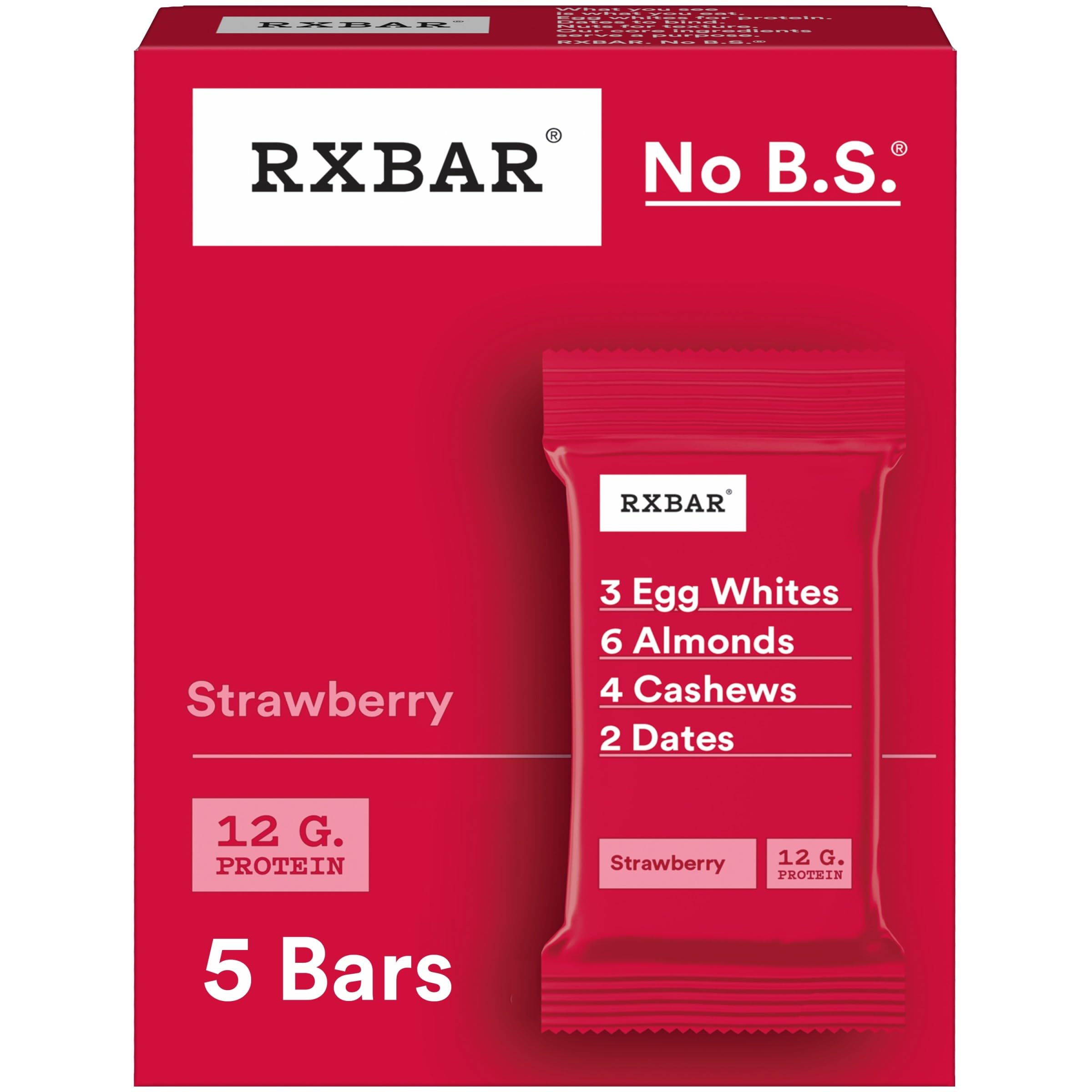 RXBAR Protein Bars, 12g Protein, Gluten Free Snacks, Strawberry, 9.1oz Box (5 Bars)