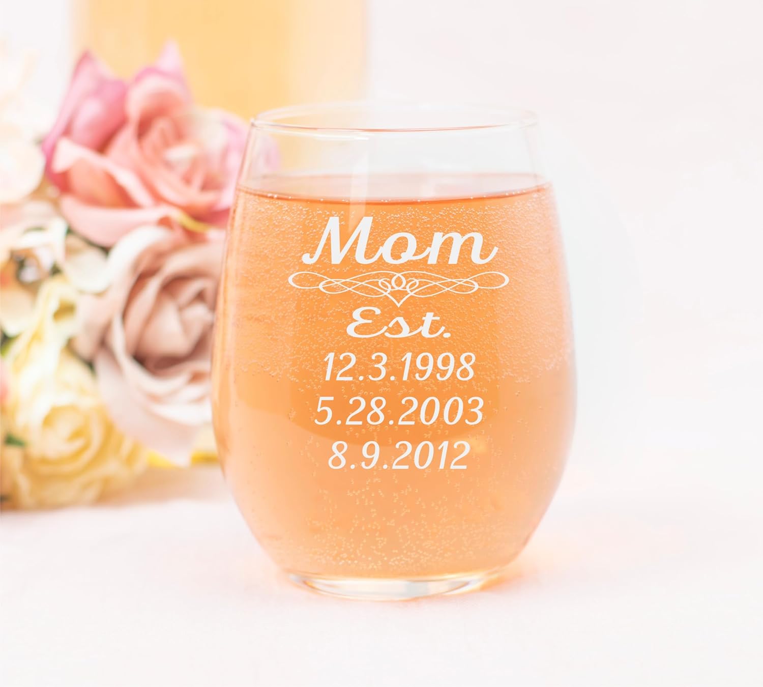 C M Mom Established with Dates 17 oz Custom Stemless Wine Glass - Personalized Mom Gift for Women (up to 3 dates)