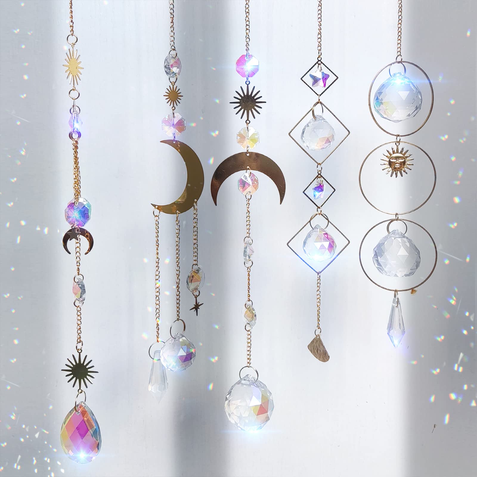 5 Pezzi Acchiappasole Cristallo Appeso Scacciapensieri Arcobaleno Sole Luna Ciondolo Ornamento Sfere per Finestra Casa Giardino Natale Giorno Festa Matrimonio