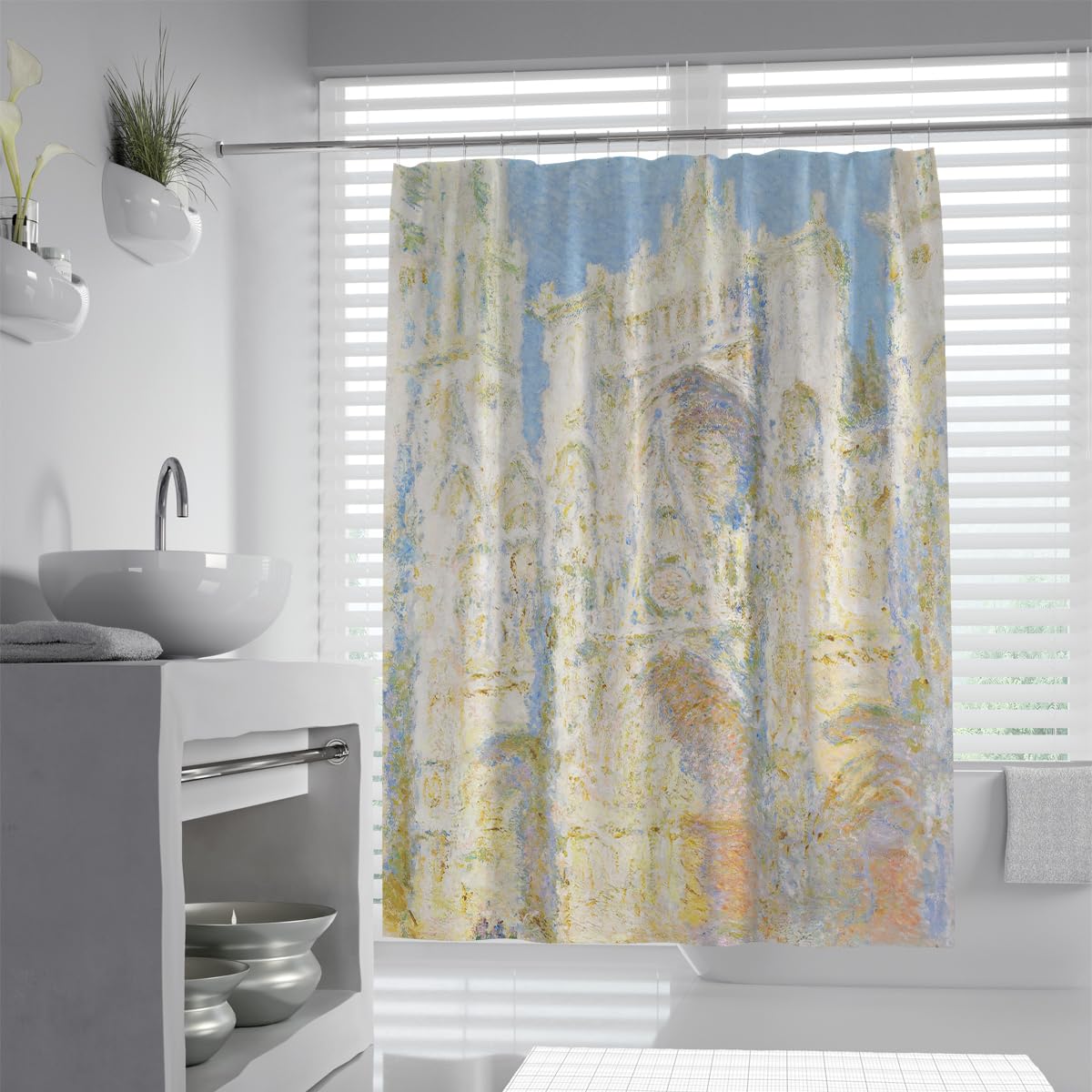 UIRINGART Claude Monet Shower Curtain W200xL220cm Impressionism Vintage Blue Sky Architecture Anti Mould Mildew Resistant Waterproof Fabric Bathroom Curtains with Hooks