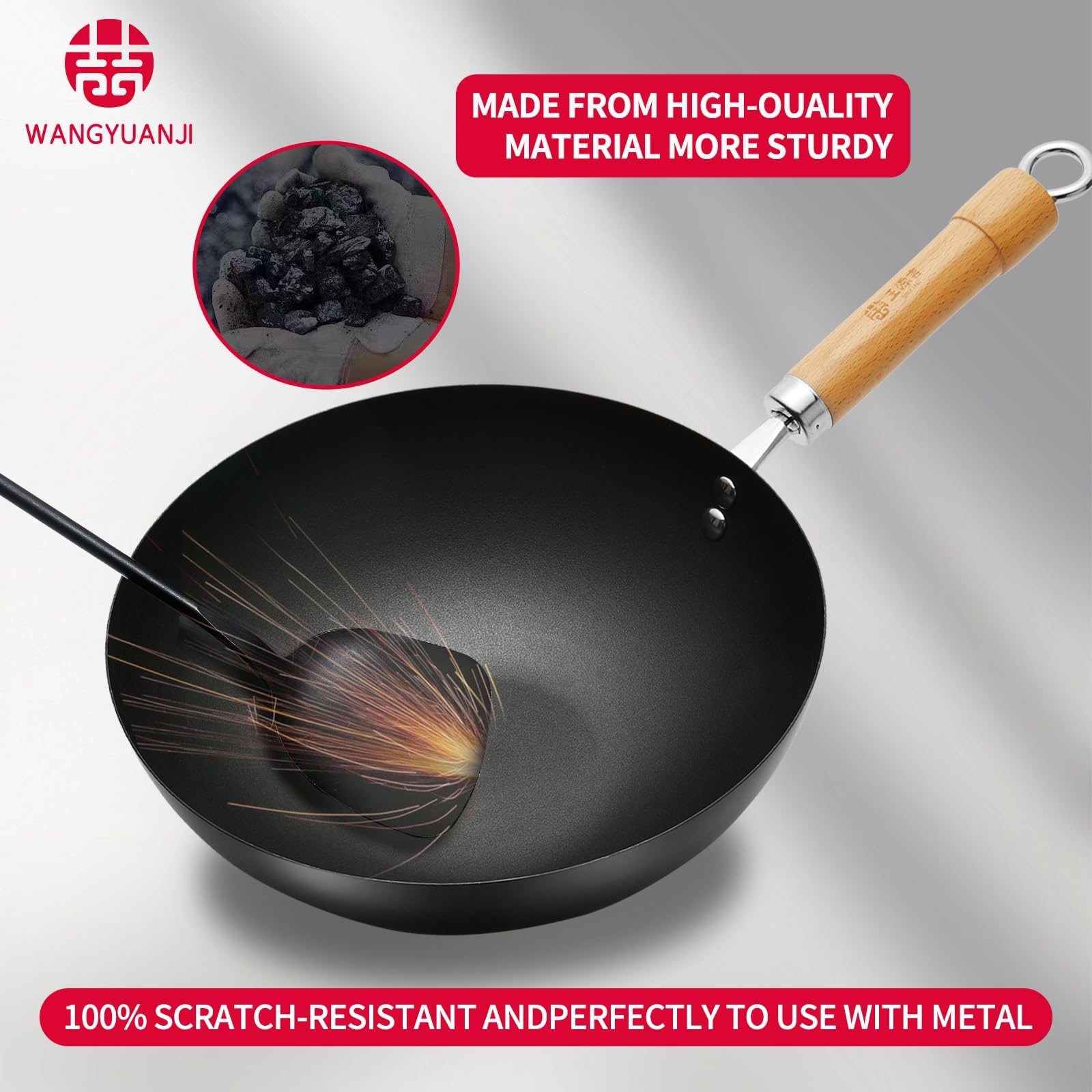 Wok in Ferro da 28 cm/3,5 L Con Coperchio e Bocca per Versare, Acciaio al Carbonio Senza Rivestimento Chimico, Grande Capacità per Tutti i Piani Cottura, Adatto per 2-4 Persone