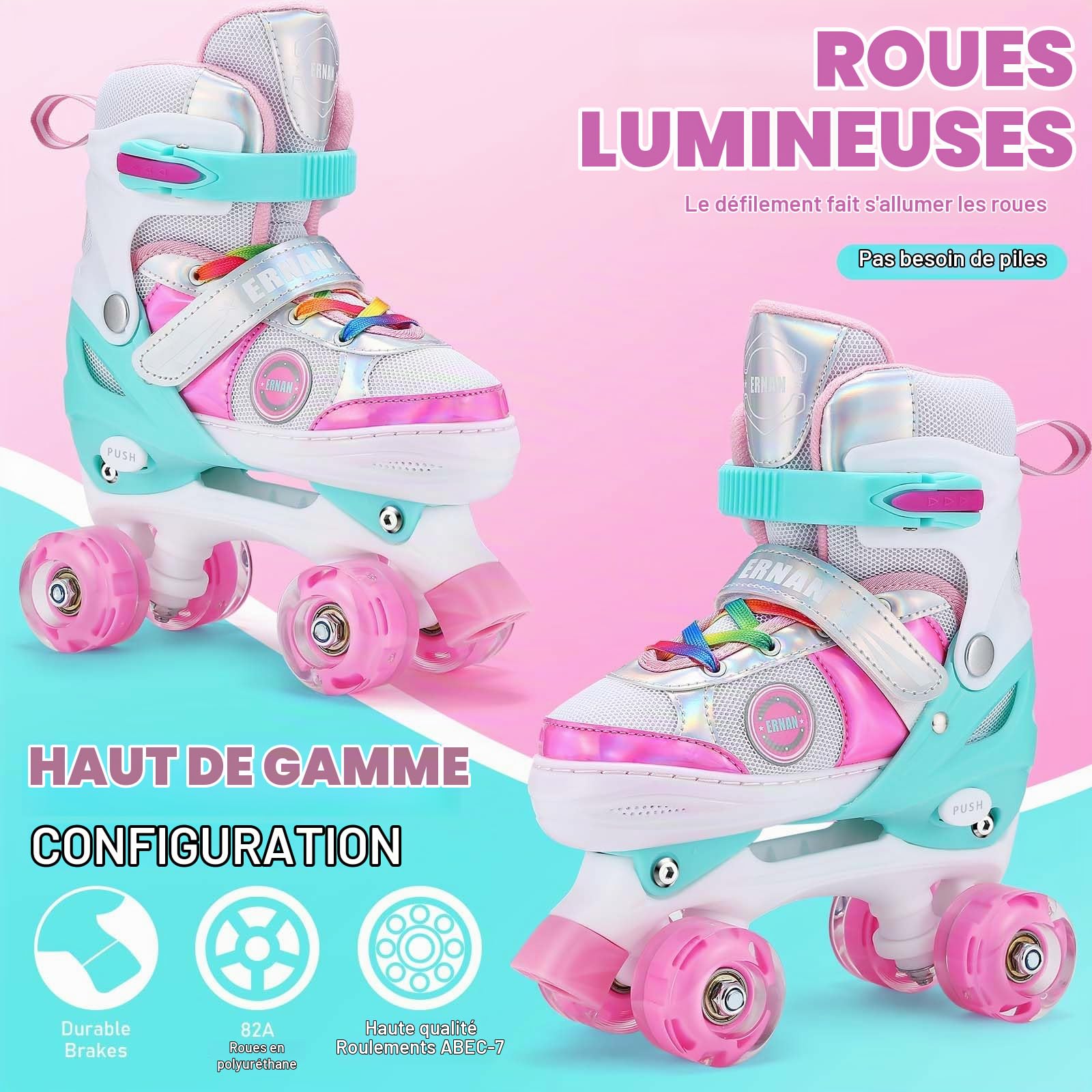 Patins à roulettes Rollers pour Enfants, Rollers Quad pour Filles Garçon Taille réglable, 8 Patins à roulettes Light up Wheels pour Filles et garçons Tout
