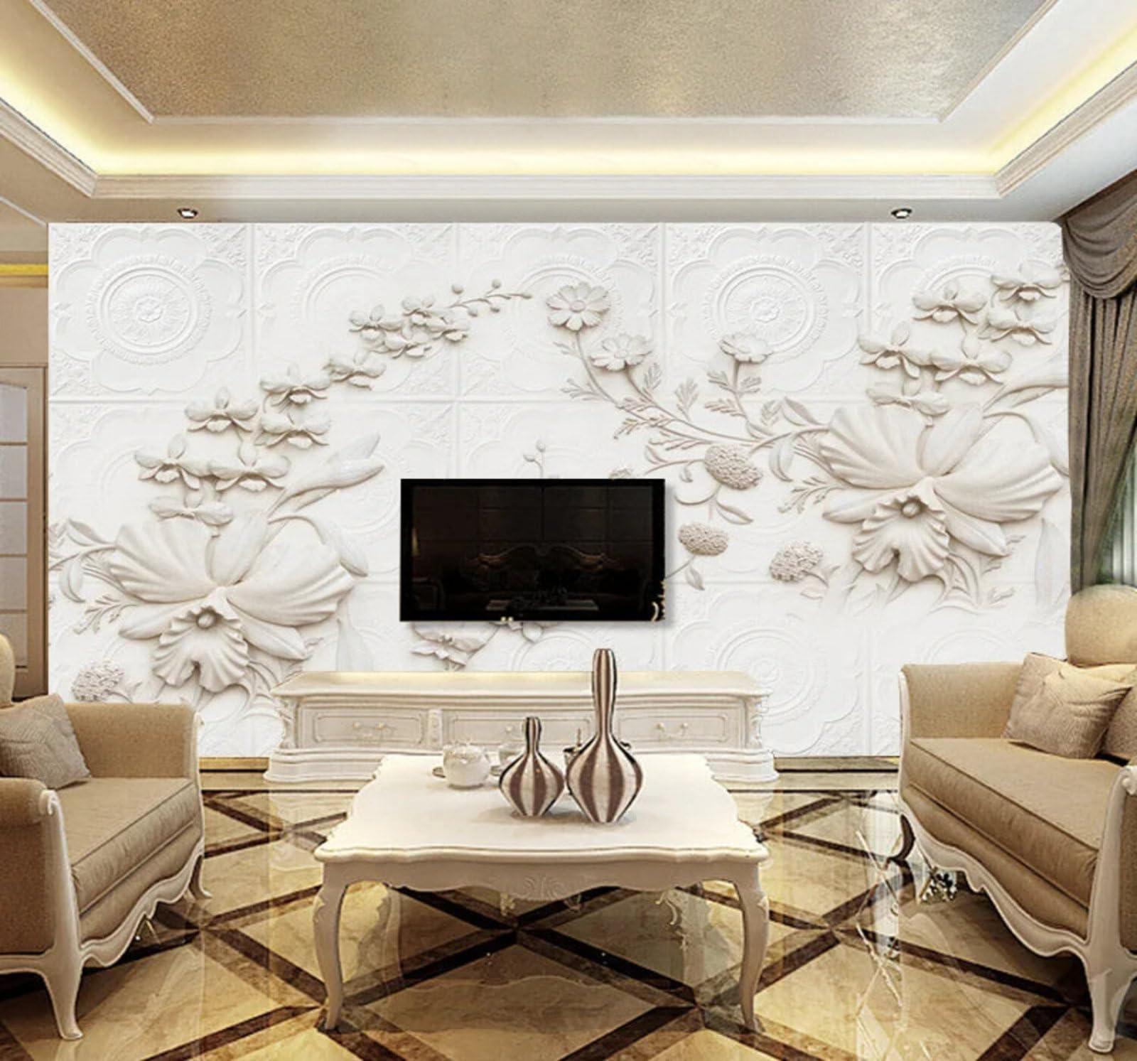 Wallpaper-3D-Xlm 350Cm×256Cm(B×H) Minimalist Relief Carved White Flowers 3D Wallpaper Easy Install Feature Office Living Room Sofa Bedroom Tv Background Wall Decoration-350Cm×256Cm