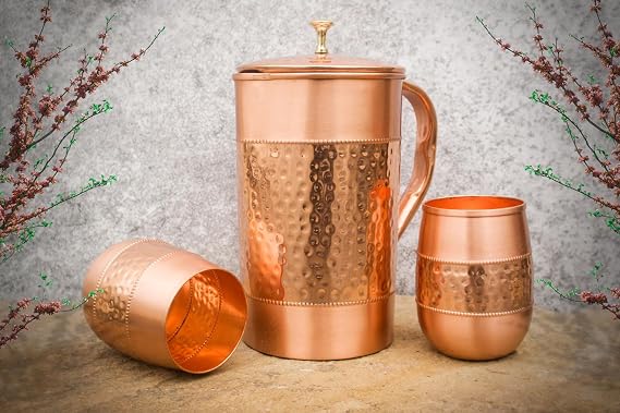 Pure Copper Water Jug with 2 Copper Tumblers (Hammered and Plain Pattern) For Ayurveda Health Benefits (With Barrel Glass)