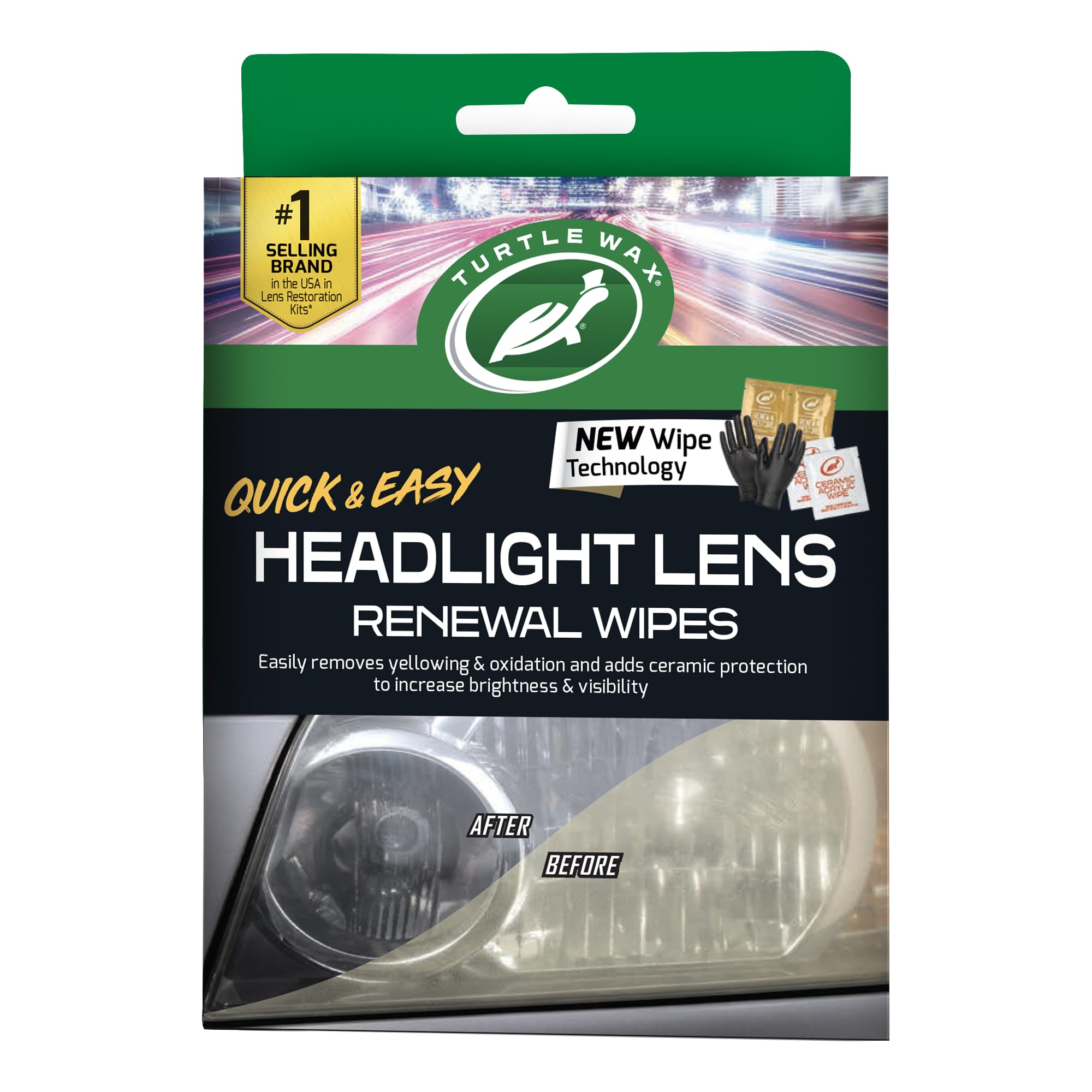 Turtle Wax Car Headlight Restoration Wipes, Removes Oxidation & Yellowing, Restores Clarity, Ceramic Acrylic UV Protection, Easy No-Tool Headlight Cleaner