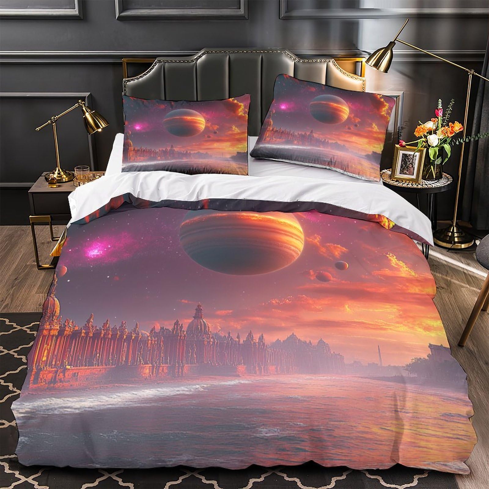 Housse de couette planète spatiale 140x200 parure lit microfbre ado