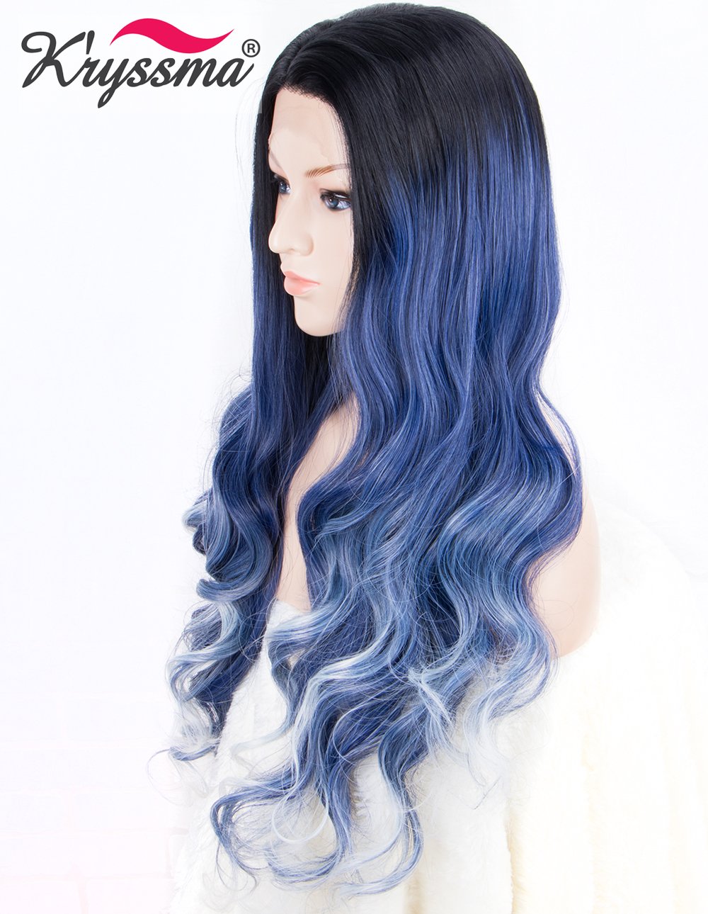 Kryssma Ombre Blue Lace Front Wig With Highlights Long Wavy